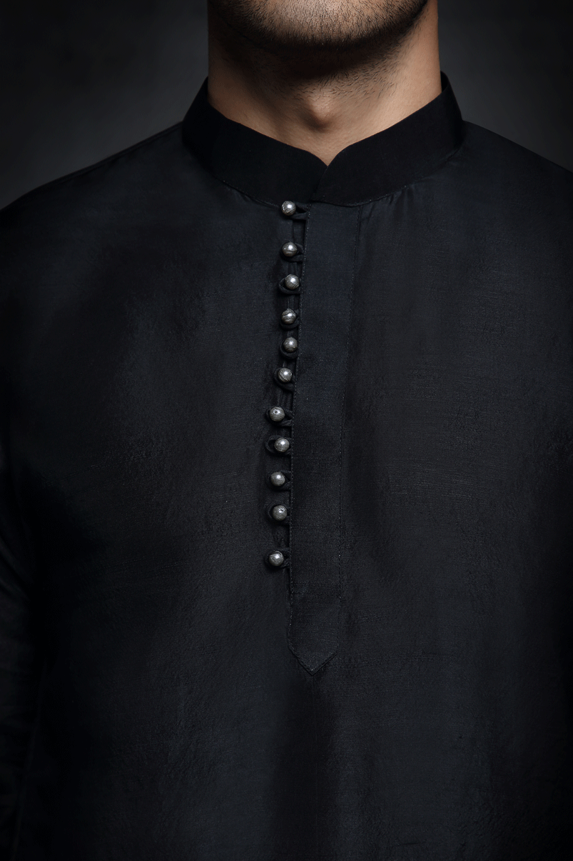 Black Silk Kurta With Buttons