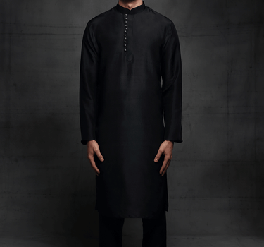 Black Silk Kurta With Buttons