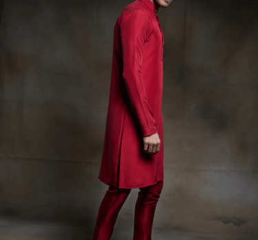 Crimson Kurta And Pant With Buttons