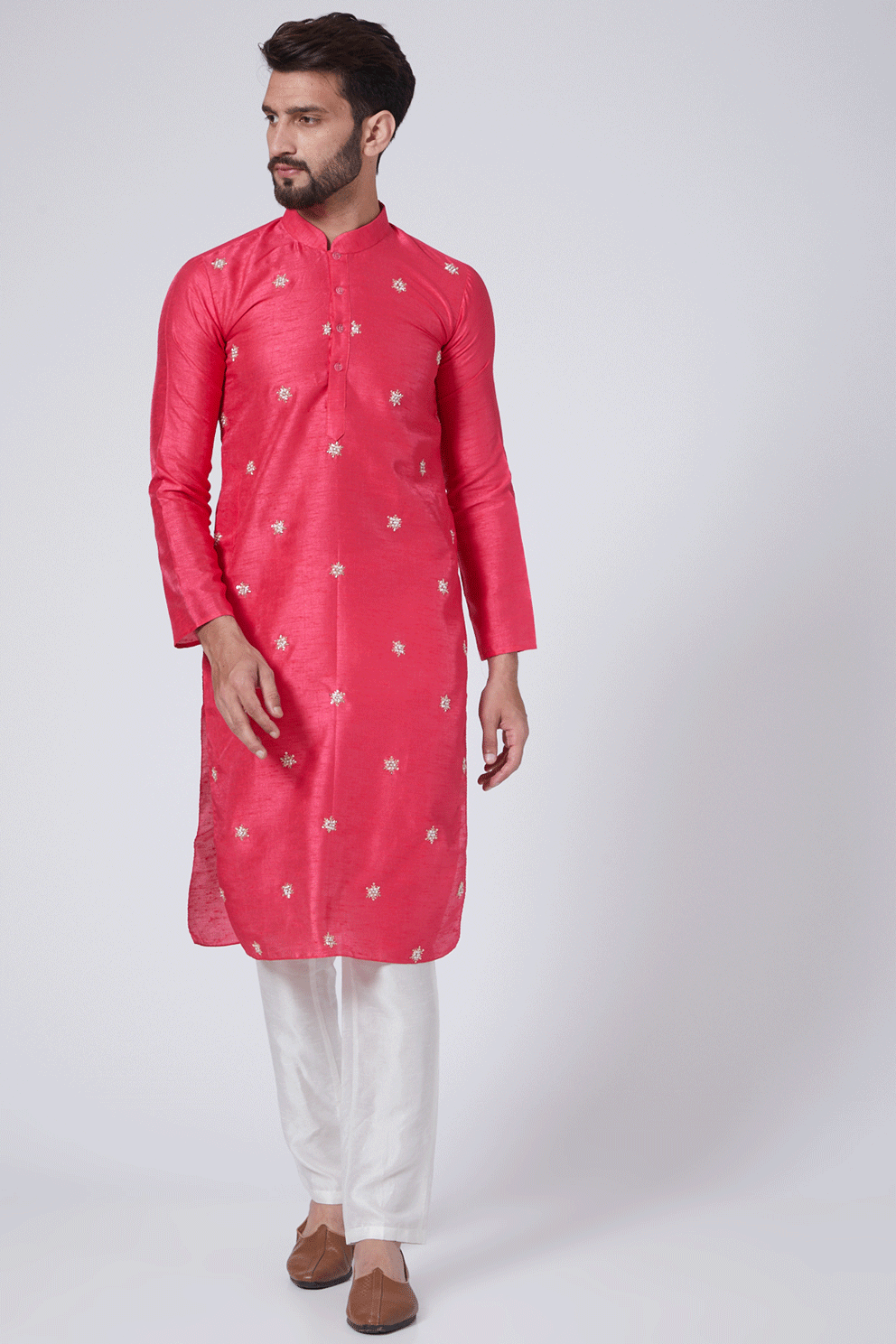 Hot Pink Embroidered Kurta Set with White Pant