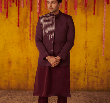 Purple Embroidered Bandhgala Jacket Set