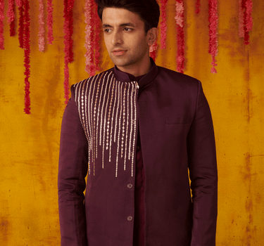 Purple Embroidered Bandhgala Jacket Set