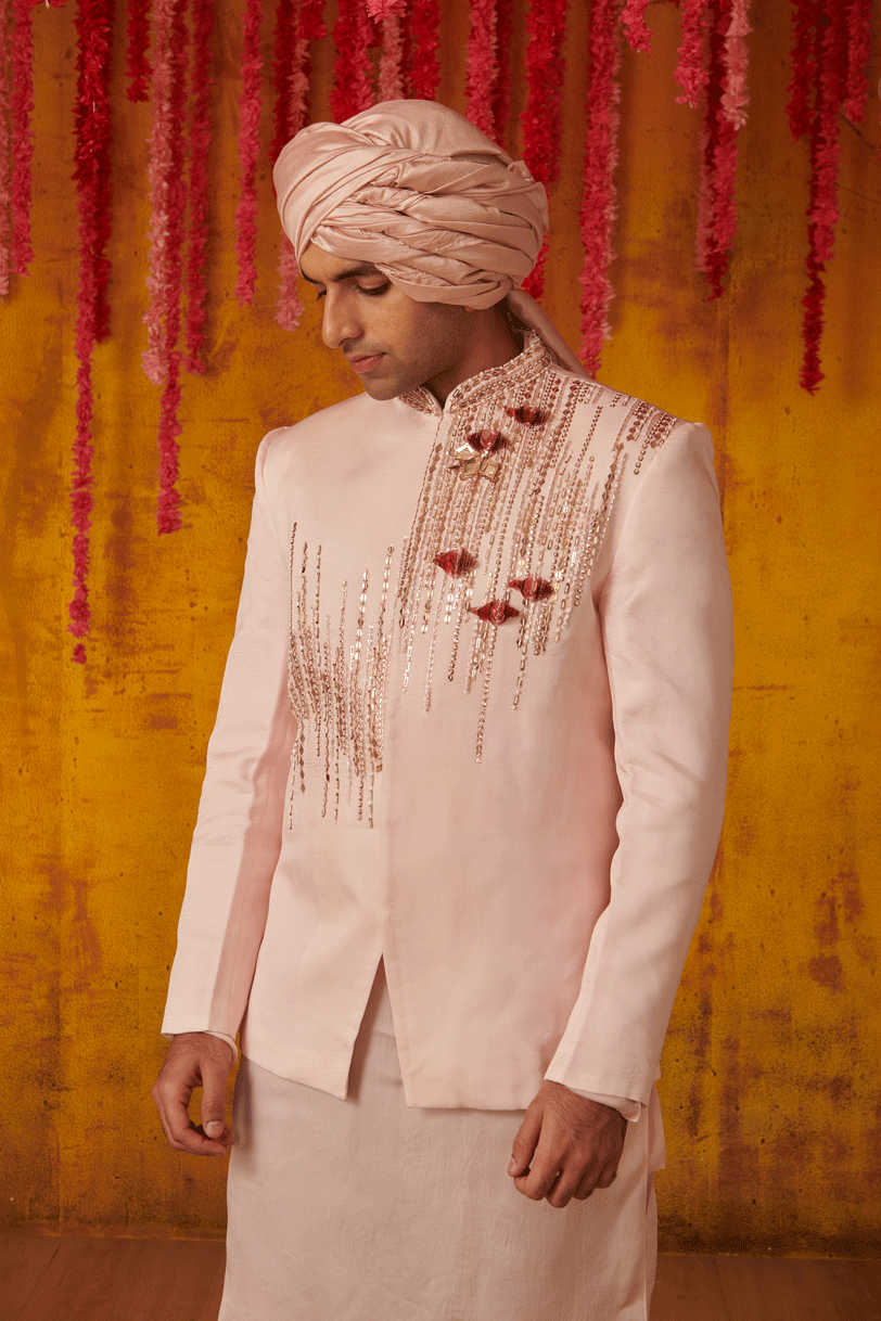 Blush Pink Kurta Set With Embroidered Nehru Jacket