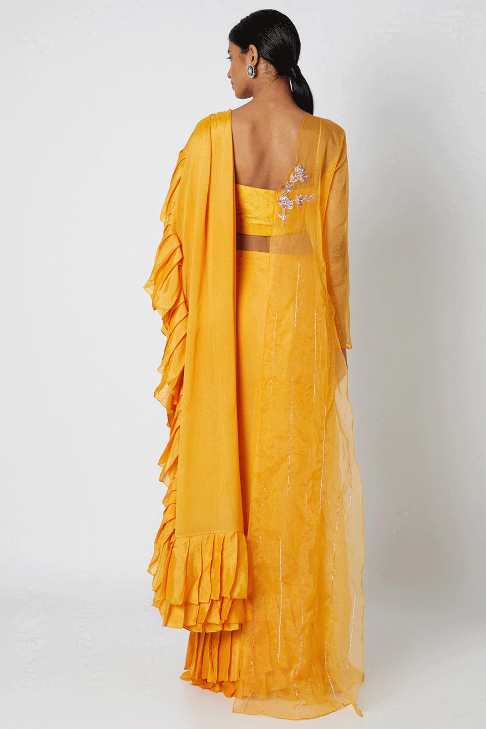 Mango Yellow Embroidered Ruffled Saree Set
