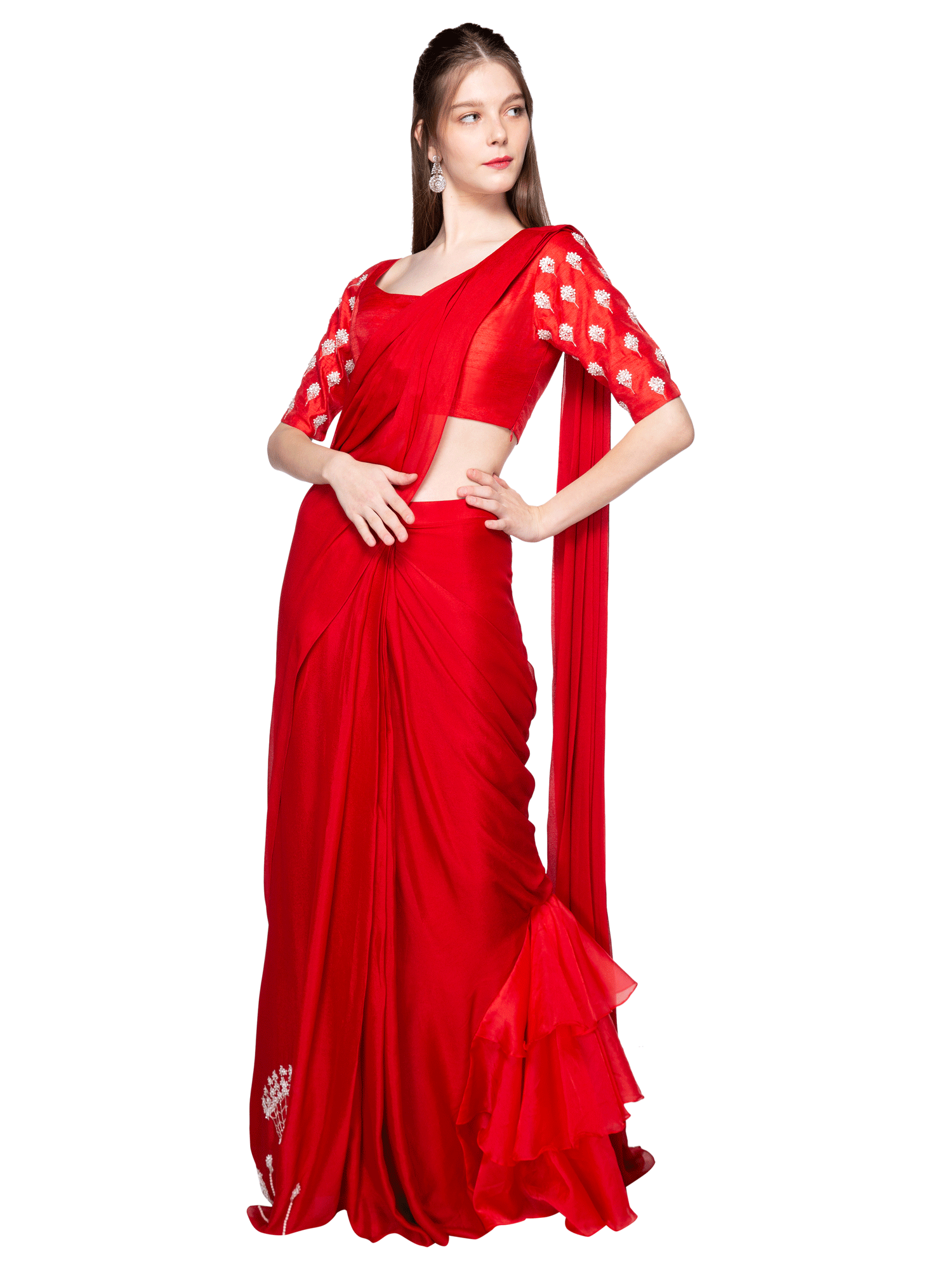 Red Saree With One Side Ruffle