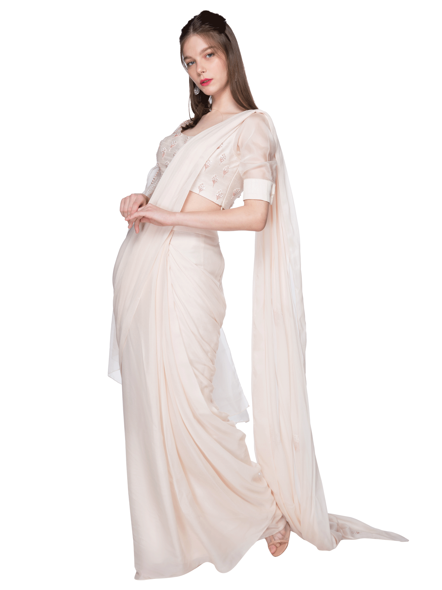 Cream Saree With One Side Flare Sleeve