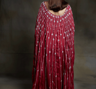 Crimson Embroidered Bustier With Pre Draped Saree And A Fully Embroidered Cape