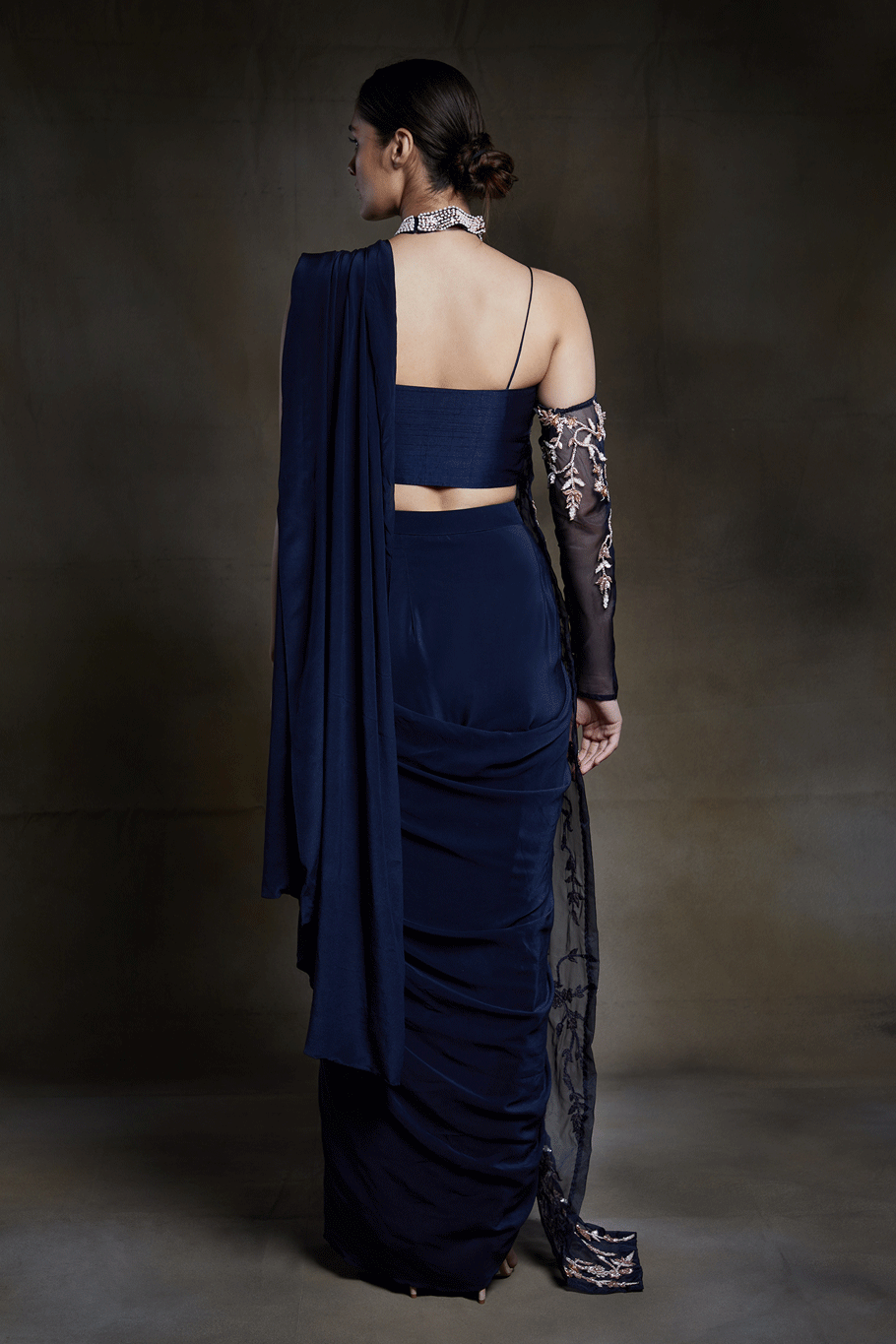 Midnight Blue Saree With One Side Embroidered Jacket