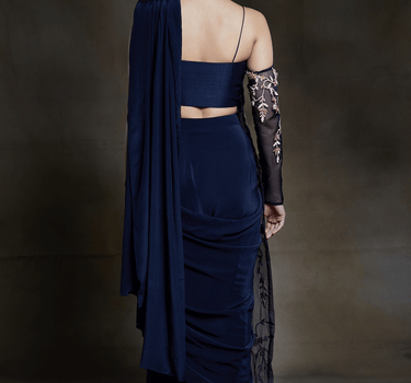 Midnight Blue Saree With One Side Embroidered Jacket