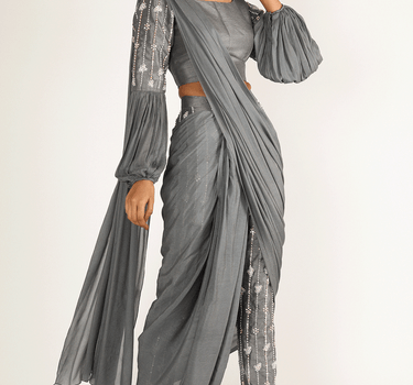 Grey Embroidered Pant Saree With Blouse