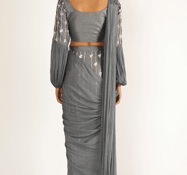 Grey Embroidered Pant Saree With Blouse