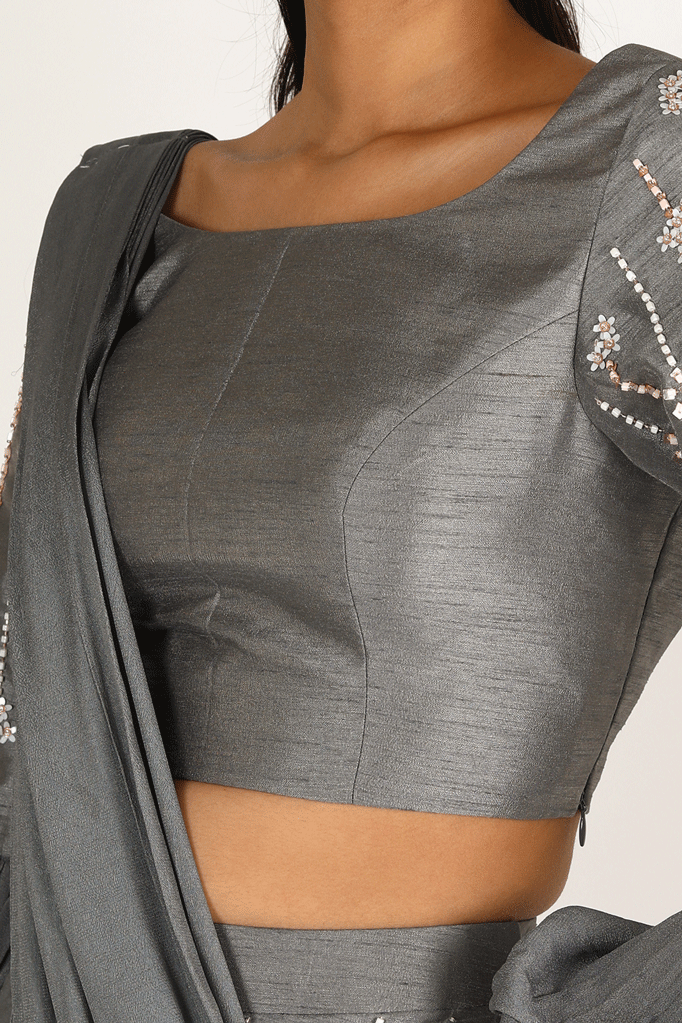 Grey Embroidered Pant Saree With Blouse