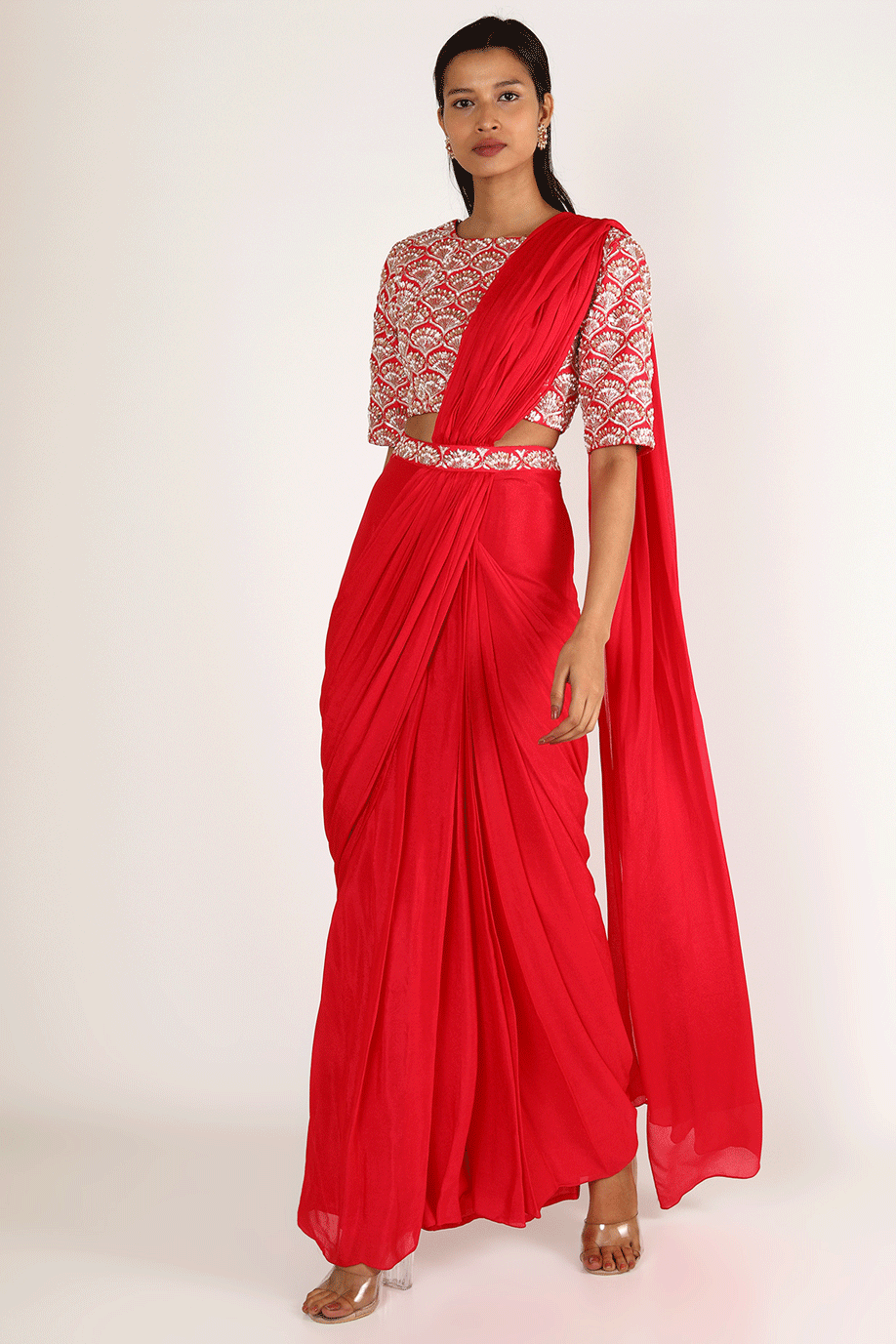 Red Embroidered Pleated Saree Set