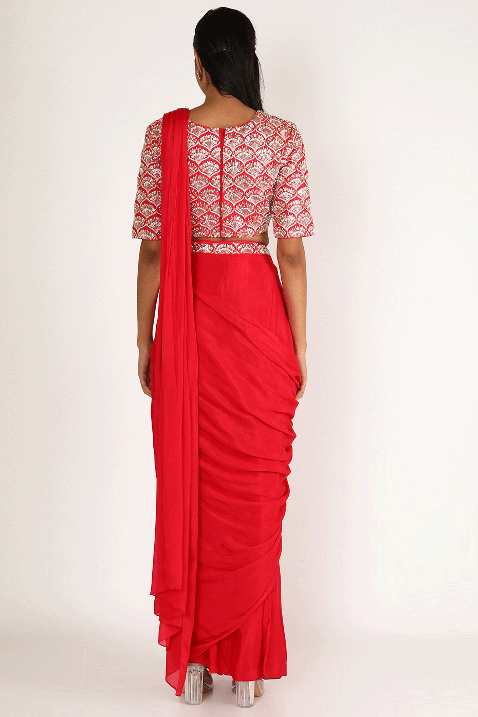 Red Embroidered Pleated Saree Set