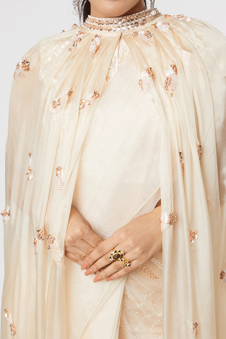 Golden Embroidered Pant Saree With Cape