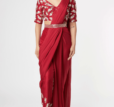 Candy Red Embroidered Saree With Belt