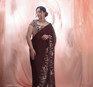 Wine Embroidered Saree With Collar Blouse