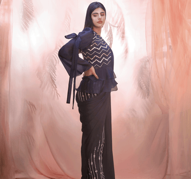 Navy Blue Short Jacket Saree Set