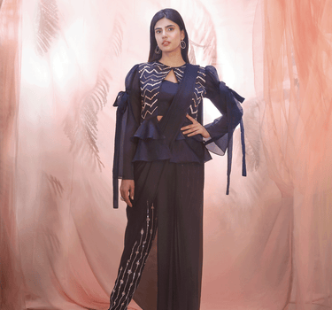 Navy Blue Short Jacket Saree Set