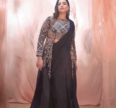 Navy Blue Jacket Saree Set