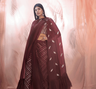 Wine Pant Saree With Cape