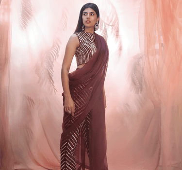 Wine Pant Saree With Cape