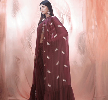 Wine Pant Saree With Cape