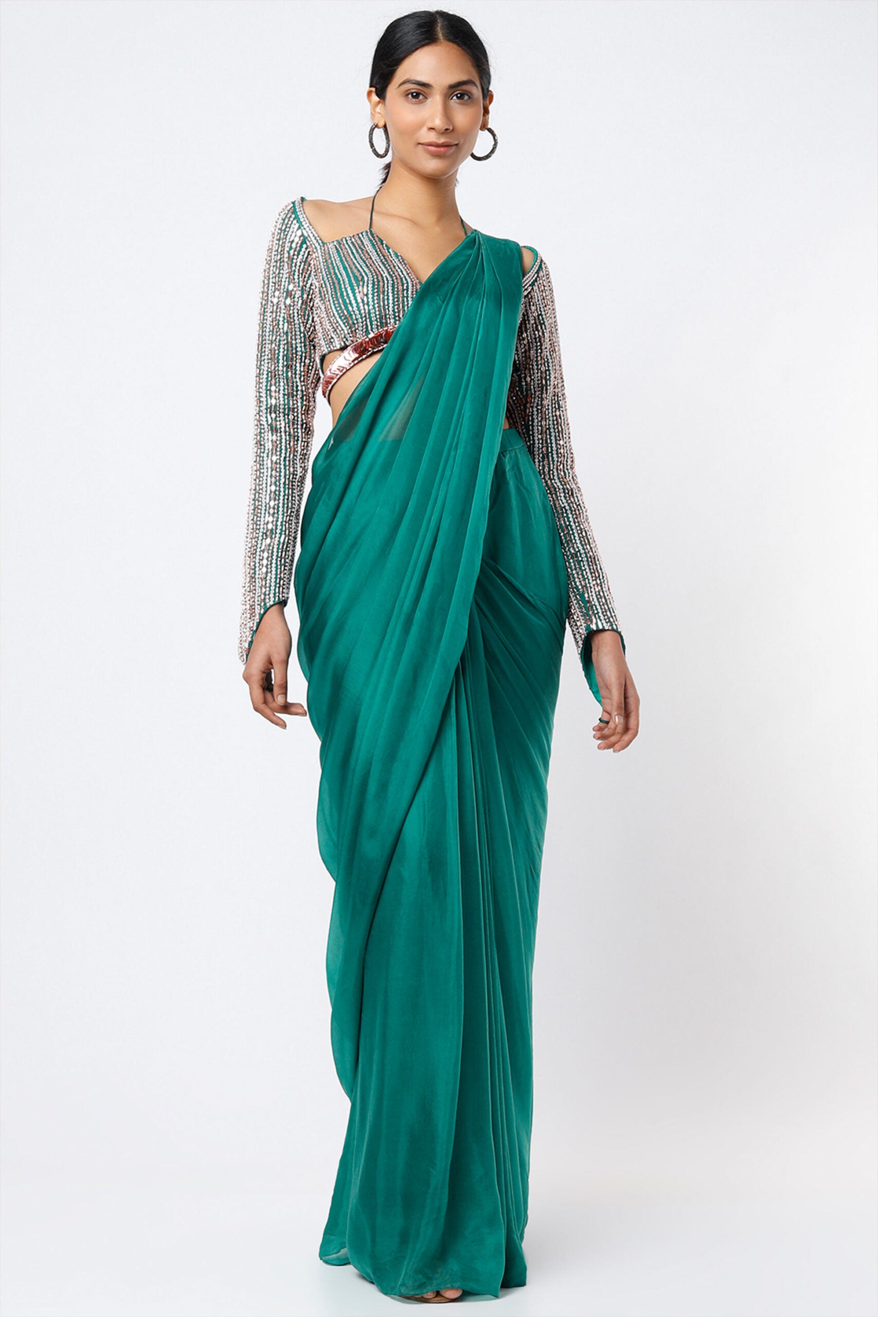 Teal Green Silk Draped Saree Set