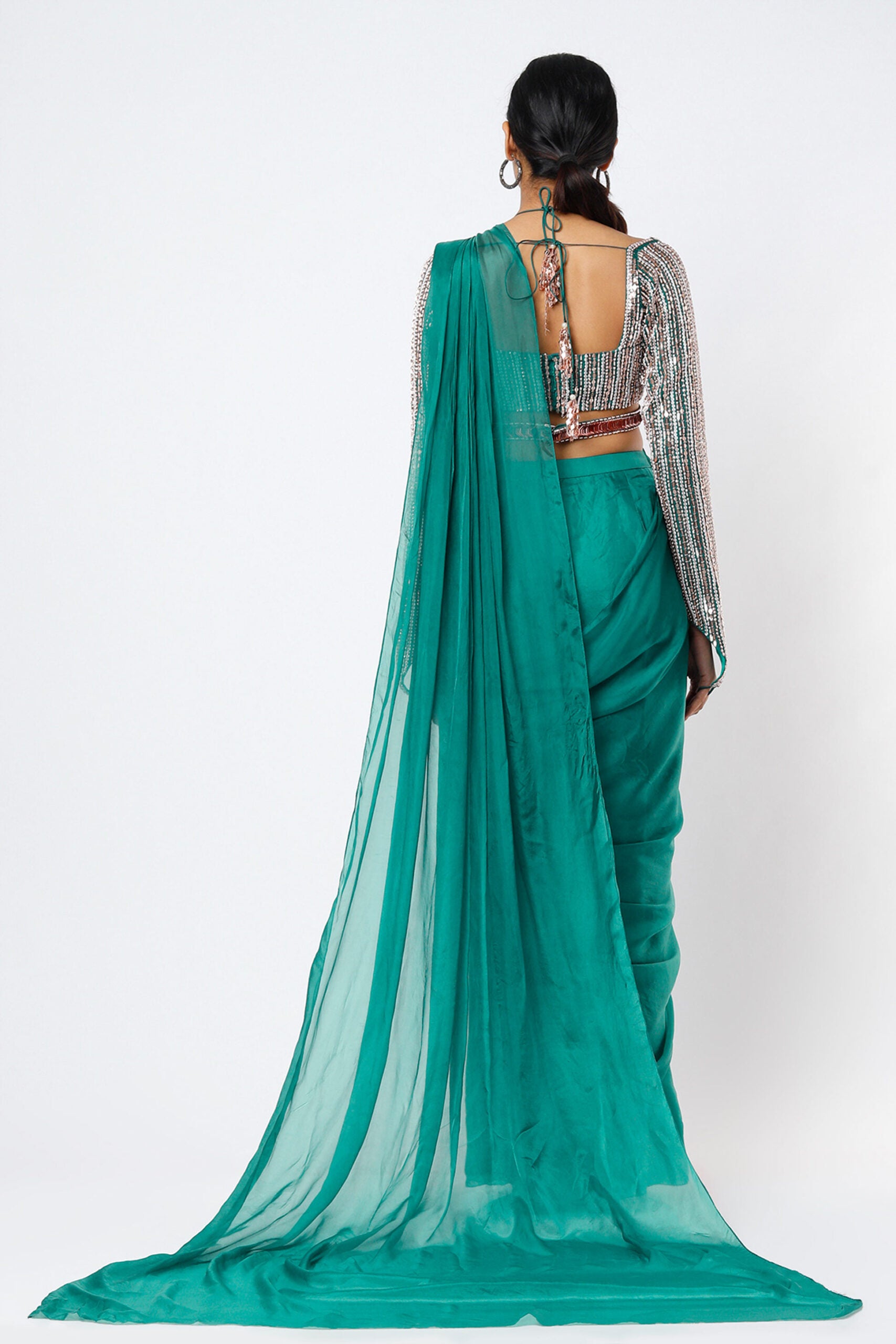 Teal Green Silk Draped Saree Set
