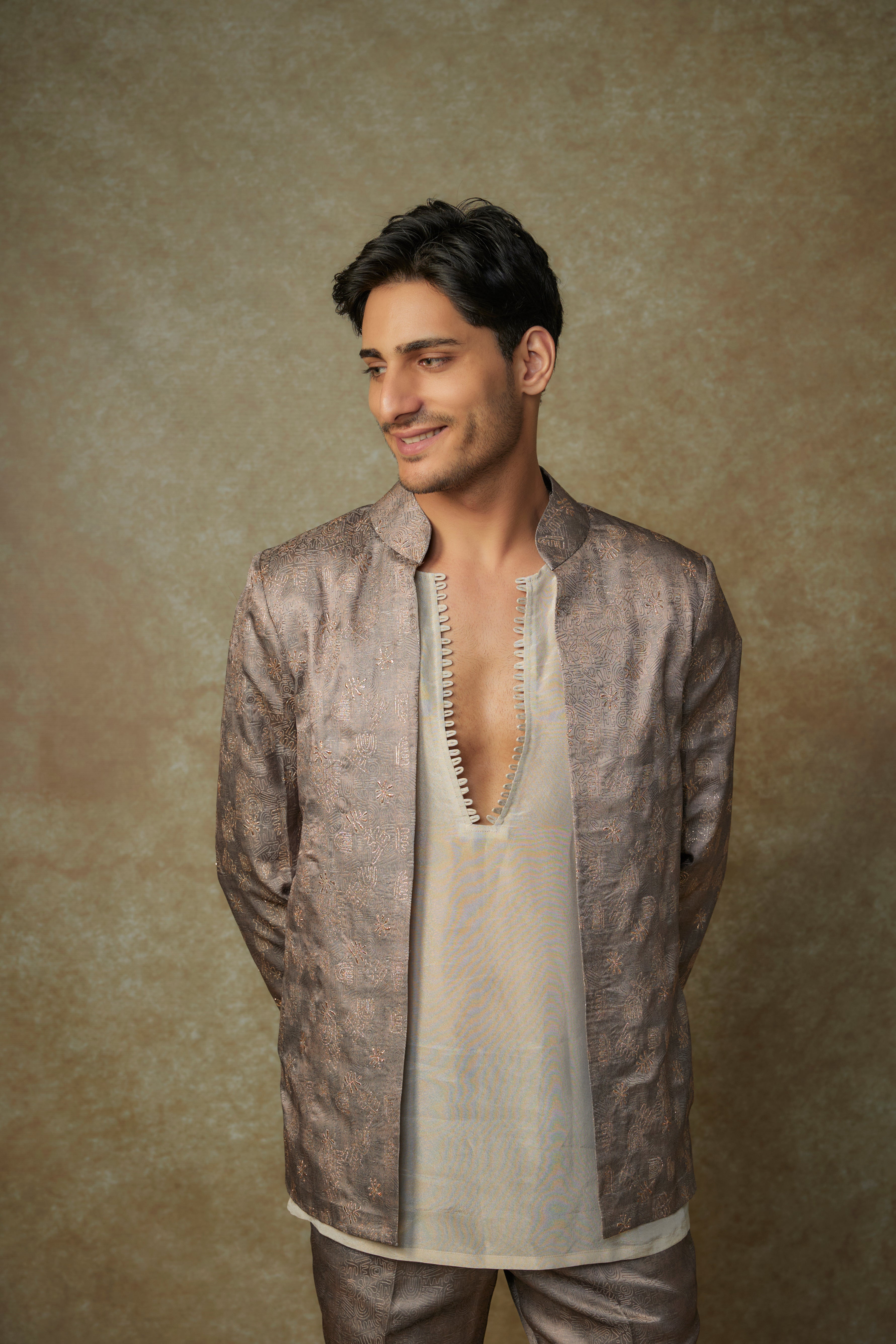 olive embroiderd jacket with kurta and pant