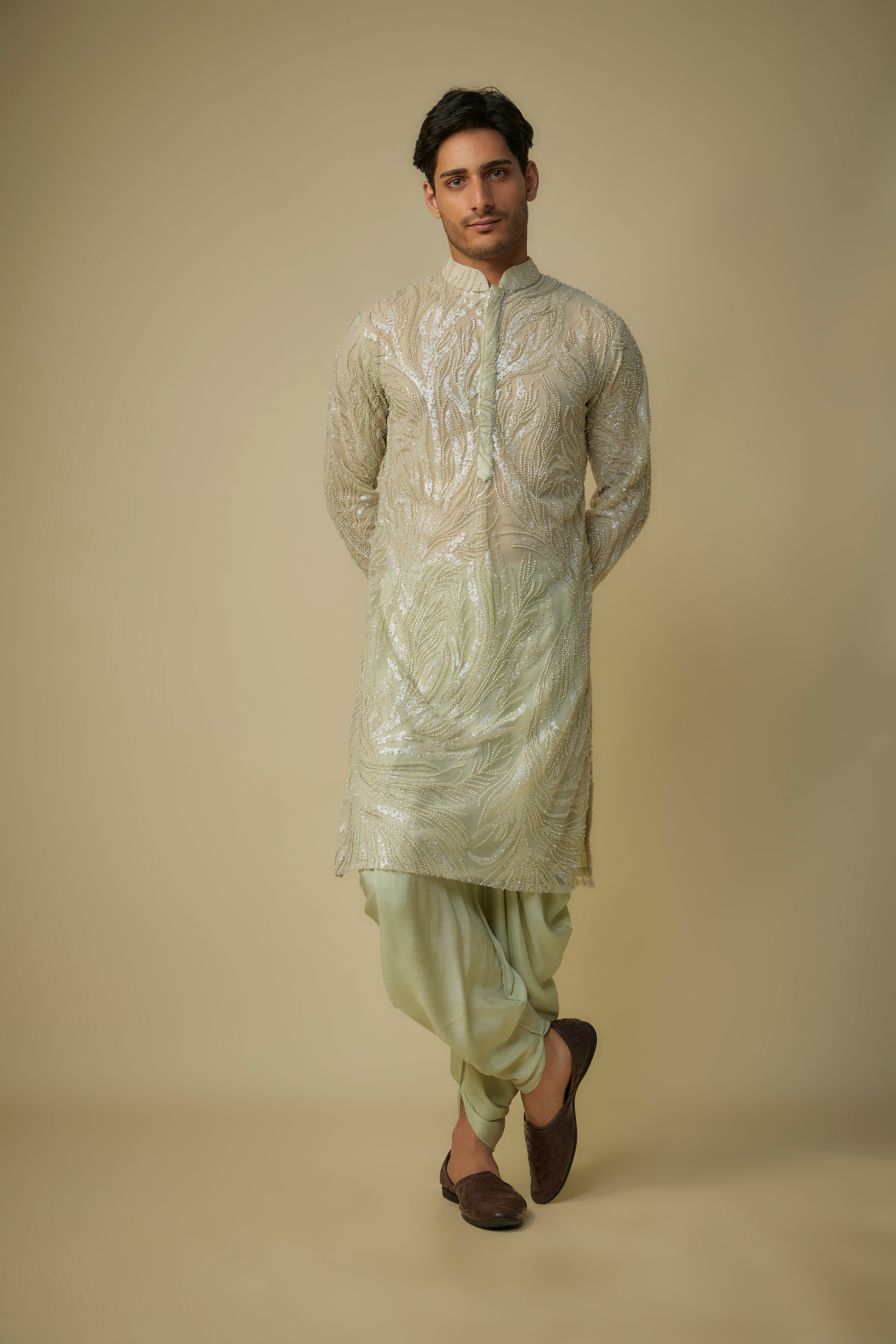 sage green embroiderd kurta set