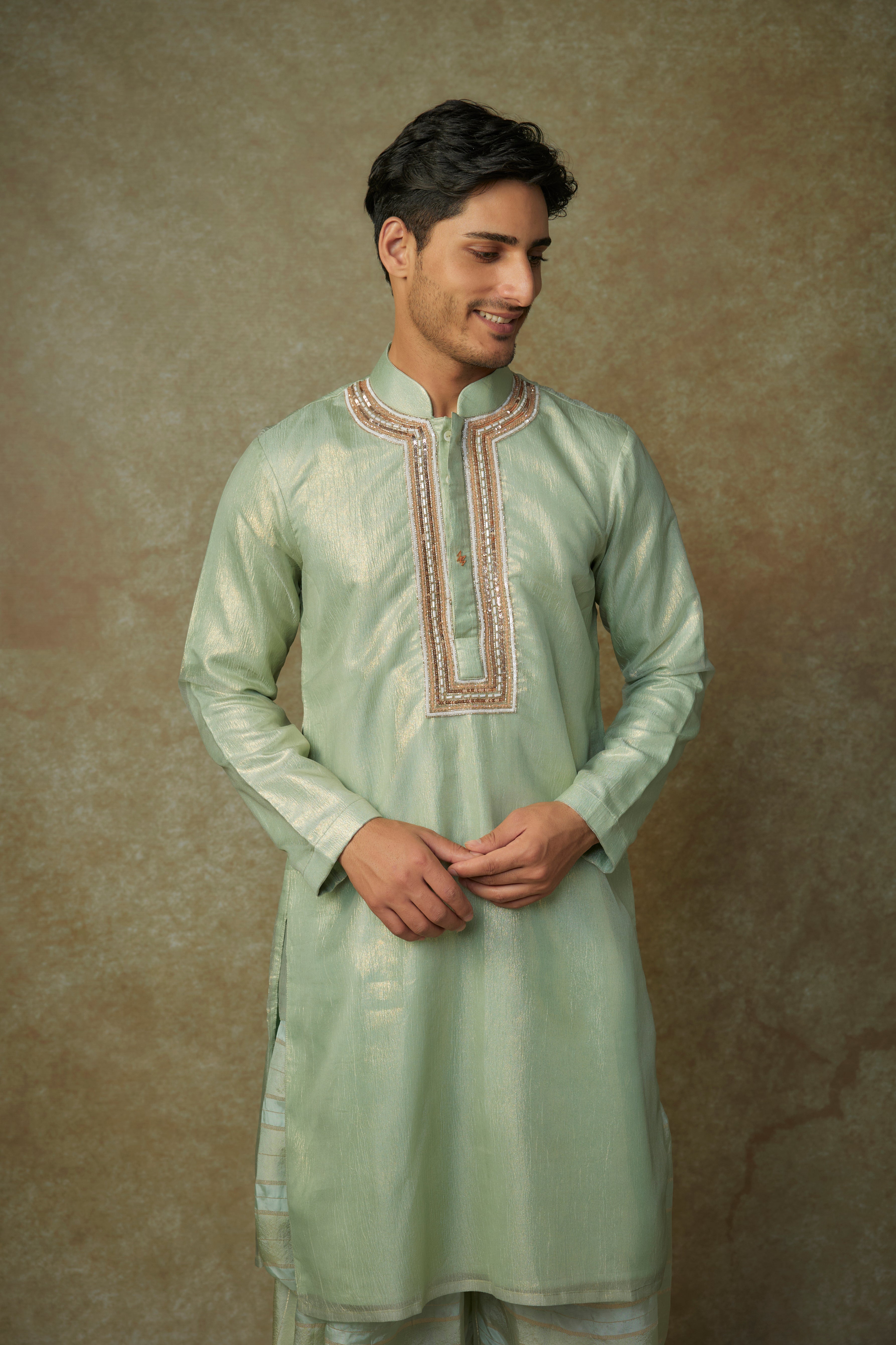 sage green embroiderd kurta set