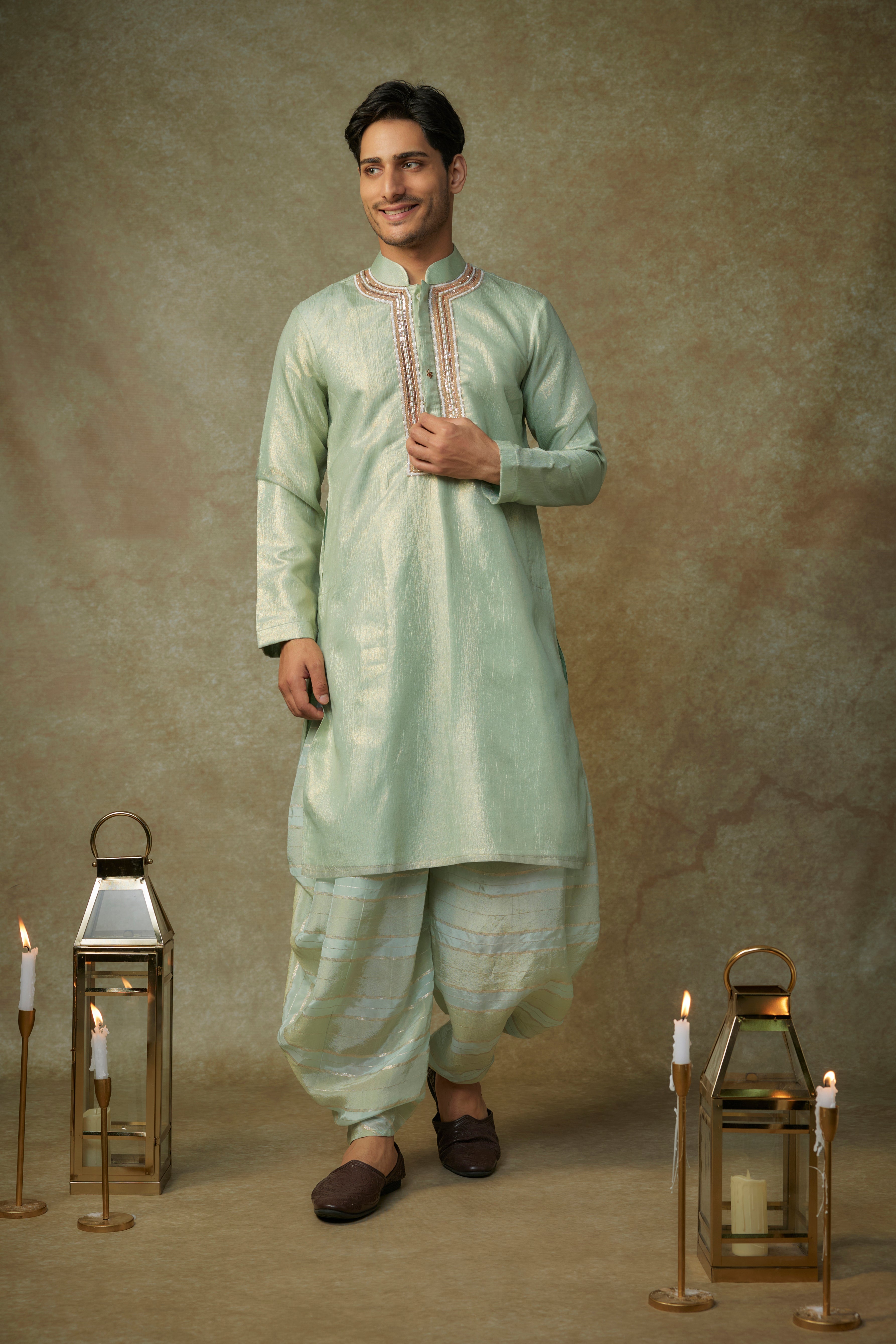 sage green embroiderd kurta set