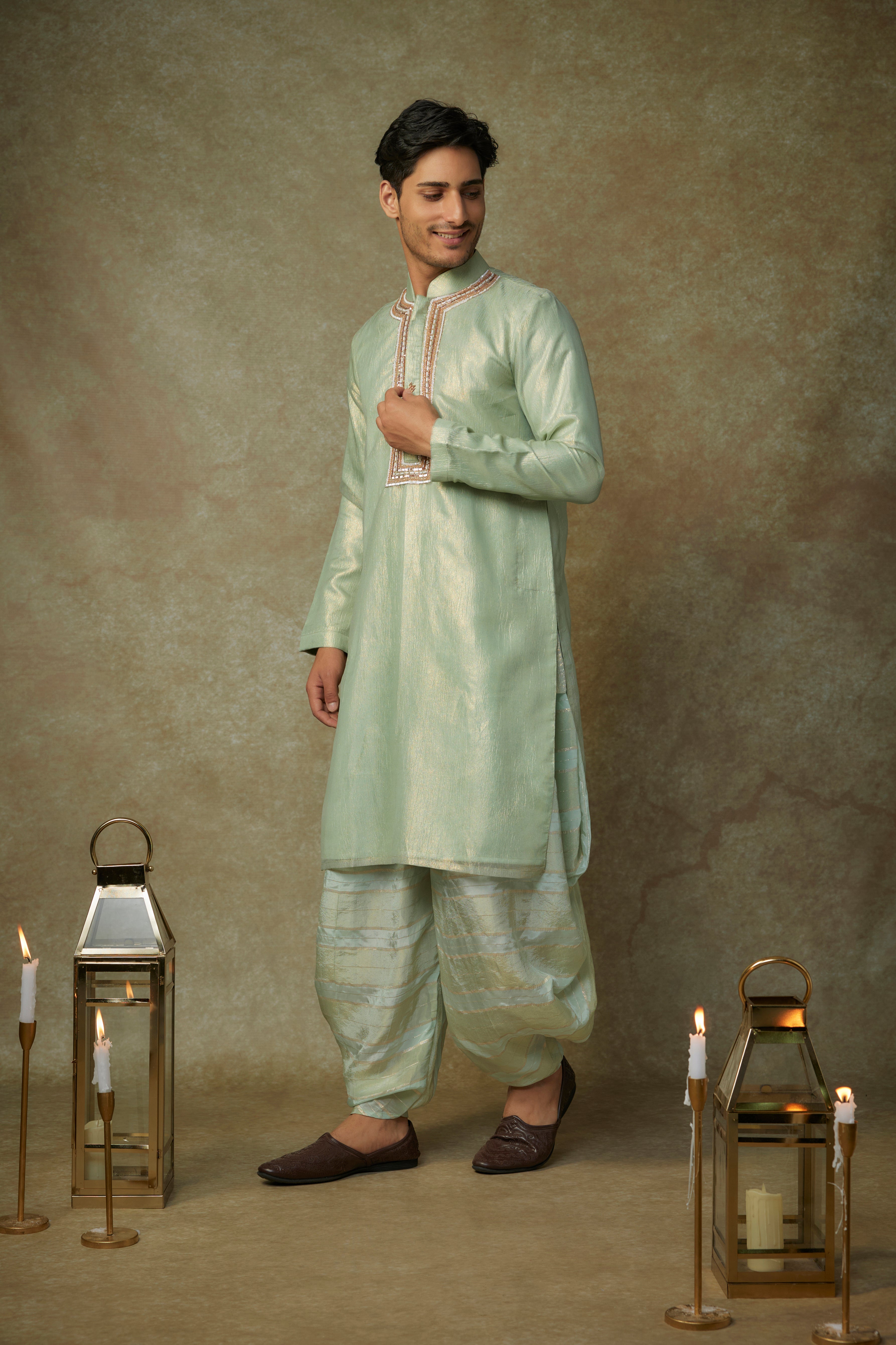 sage green embroiderd kurta set