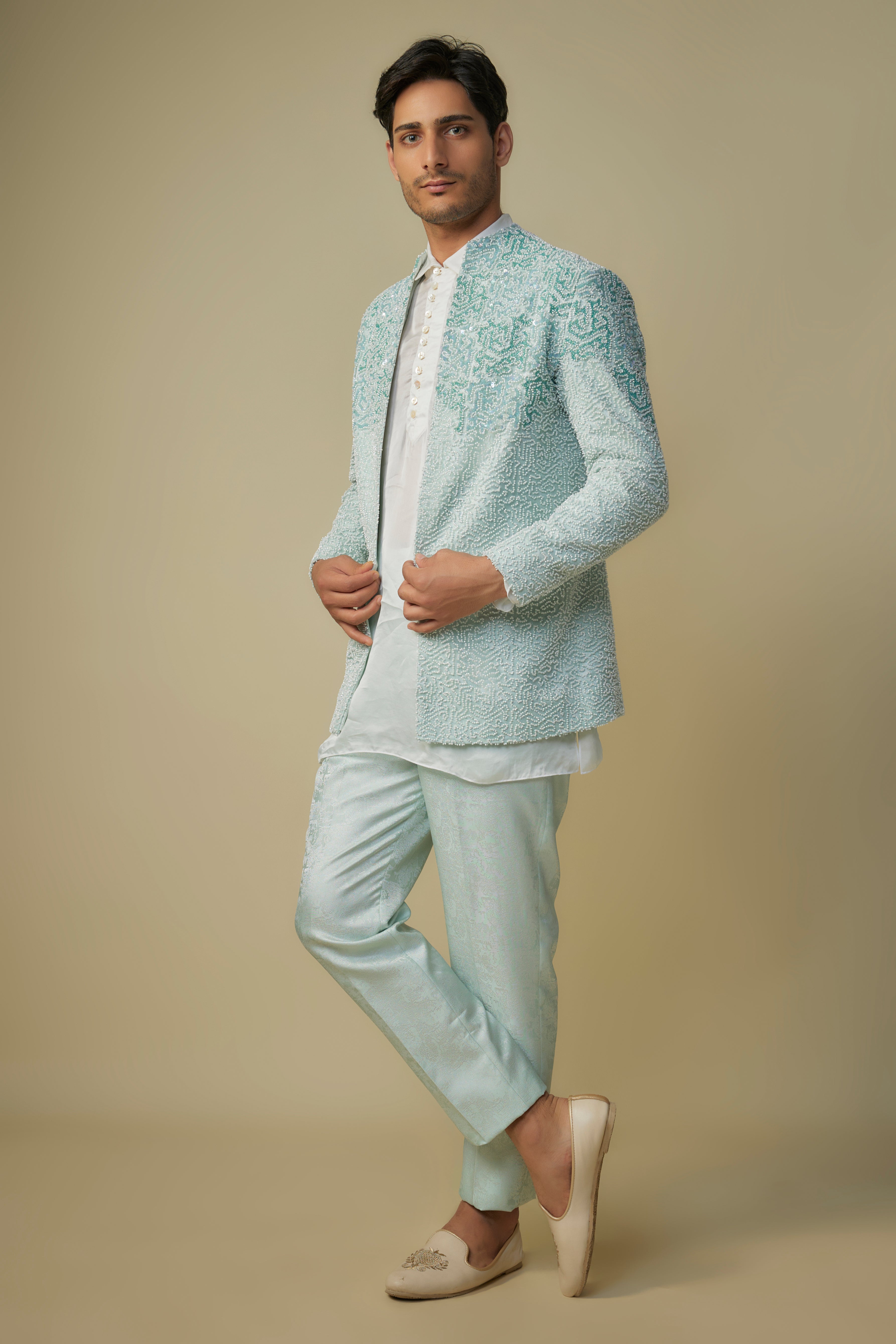 mint embroiderd jacket with kurta and pant