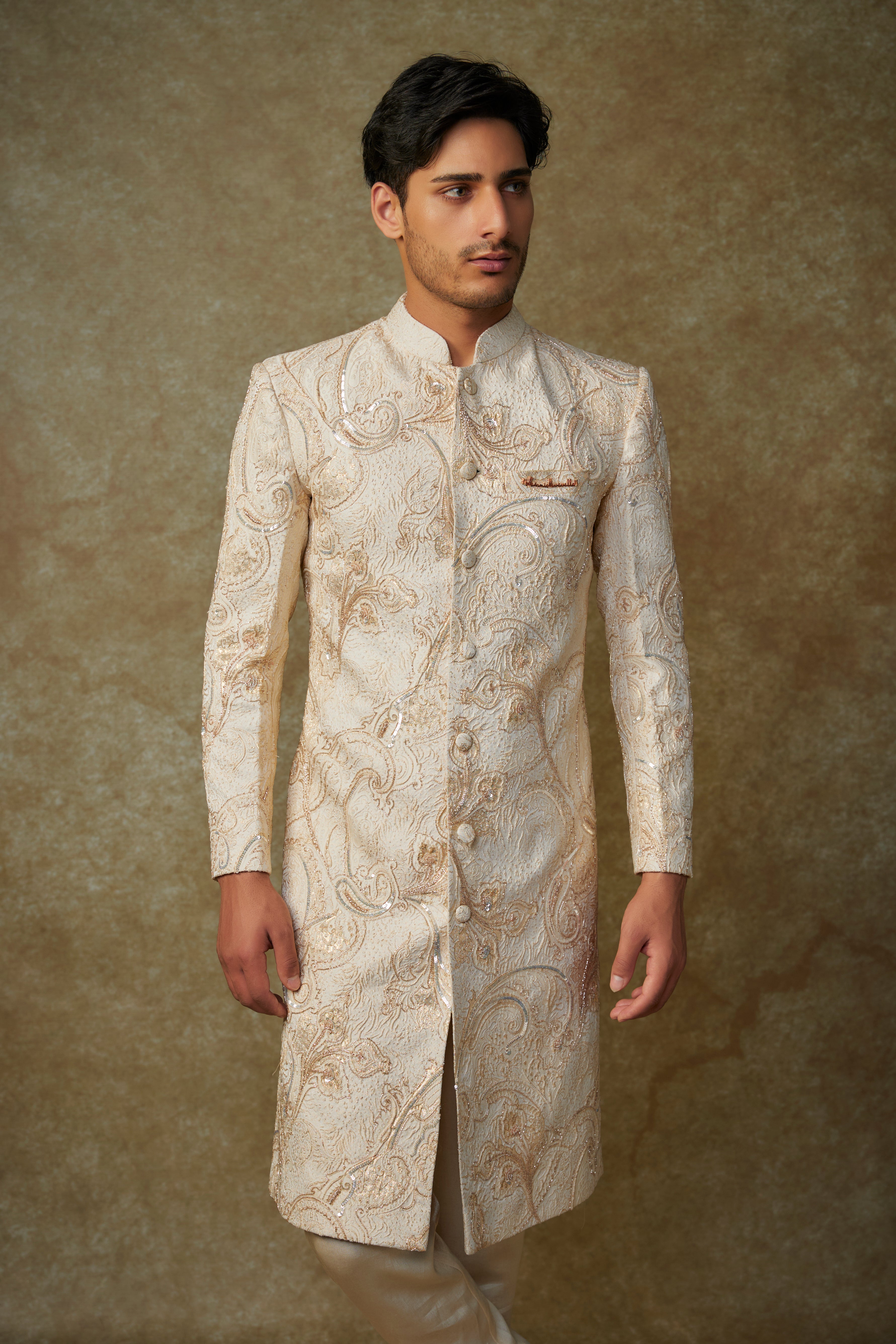 beige embroiderd sherwani with pant