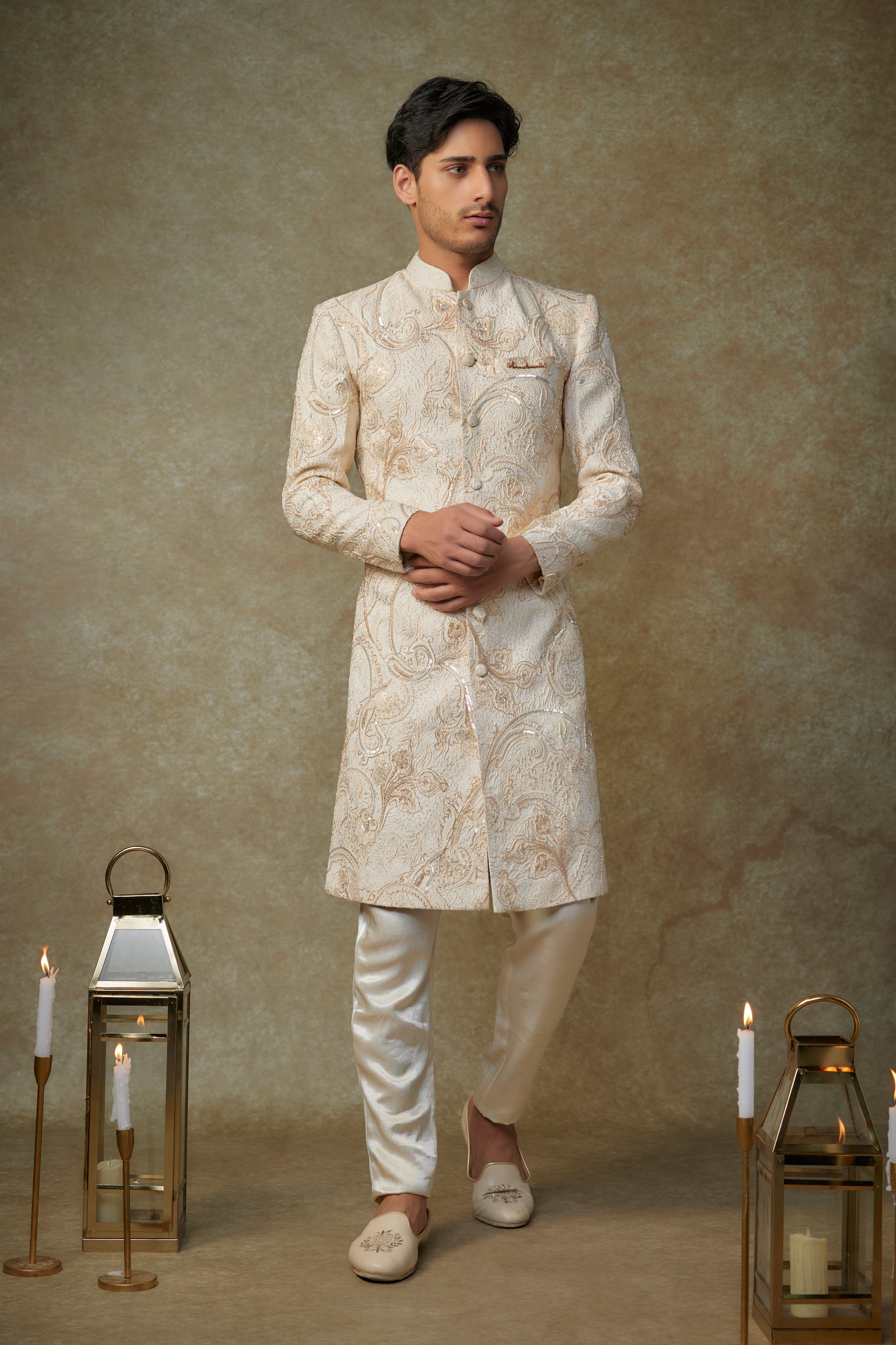 beige embroiderd sherwani with pant