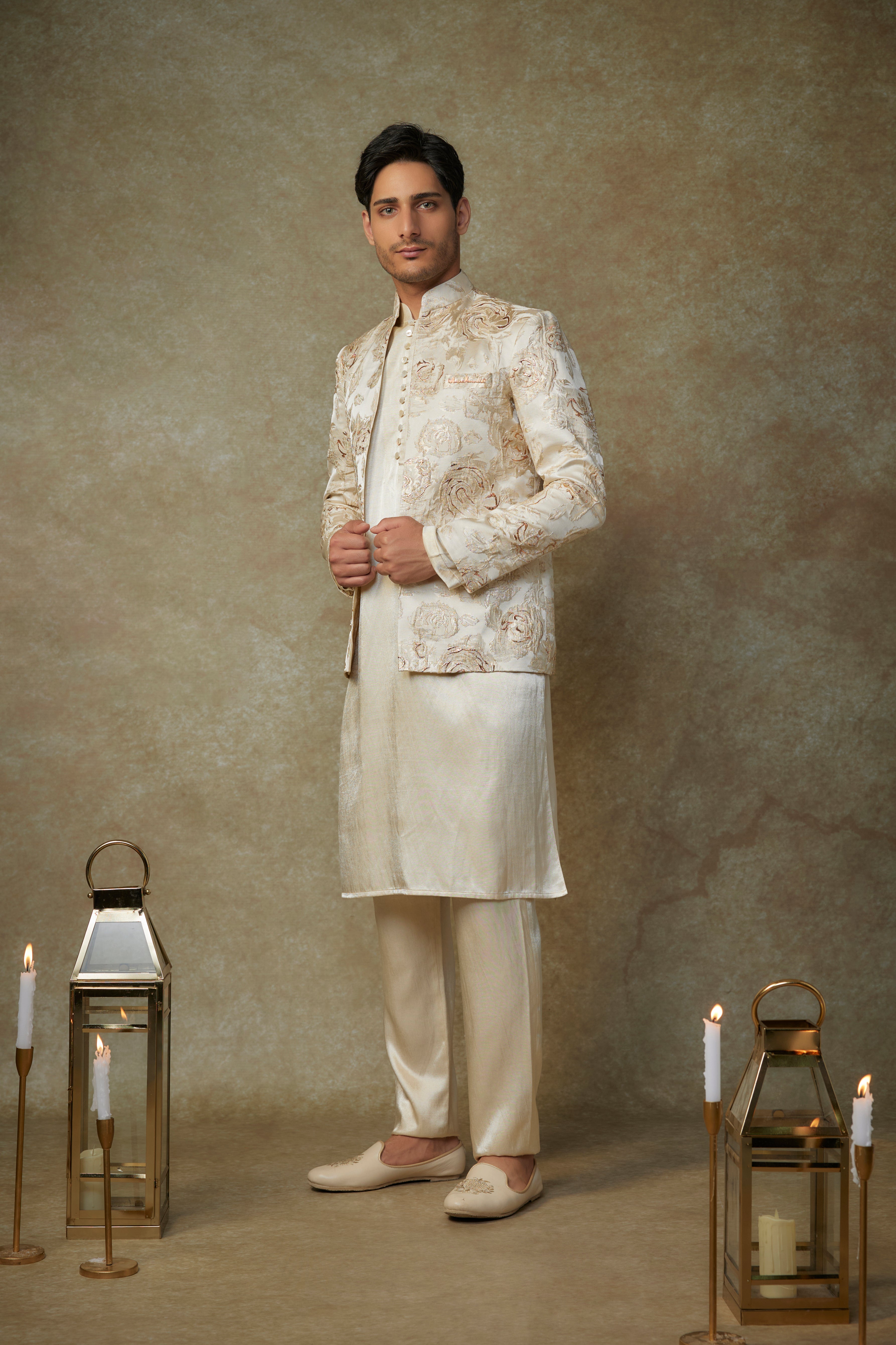 beige floral embroiderd jacket with kurta and pant