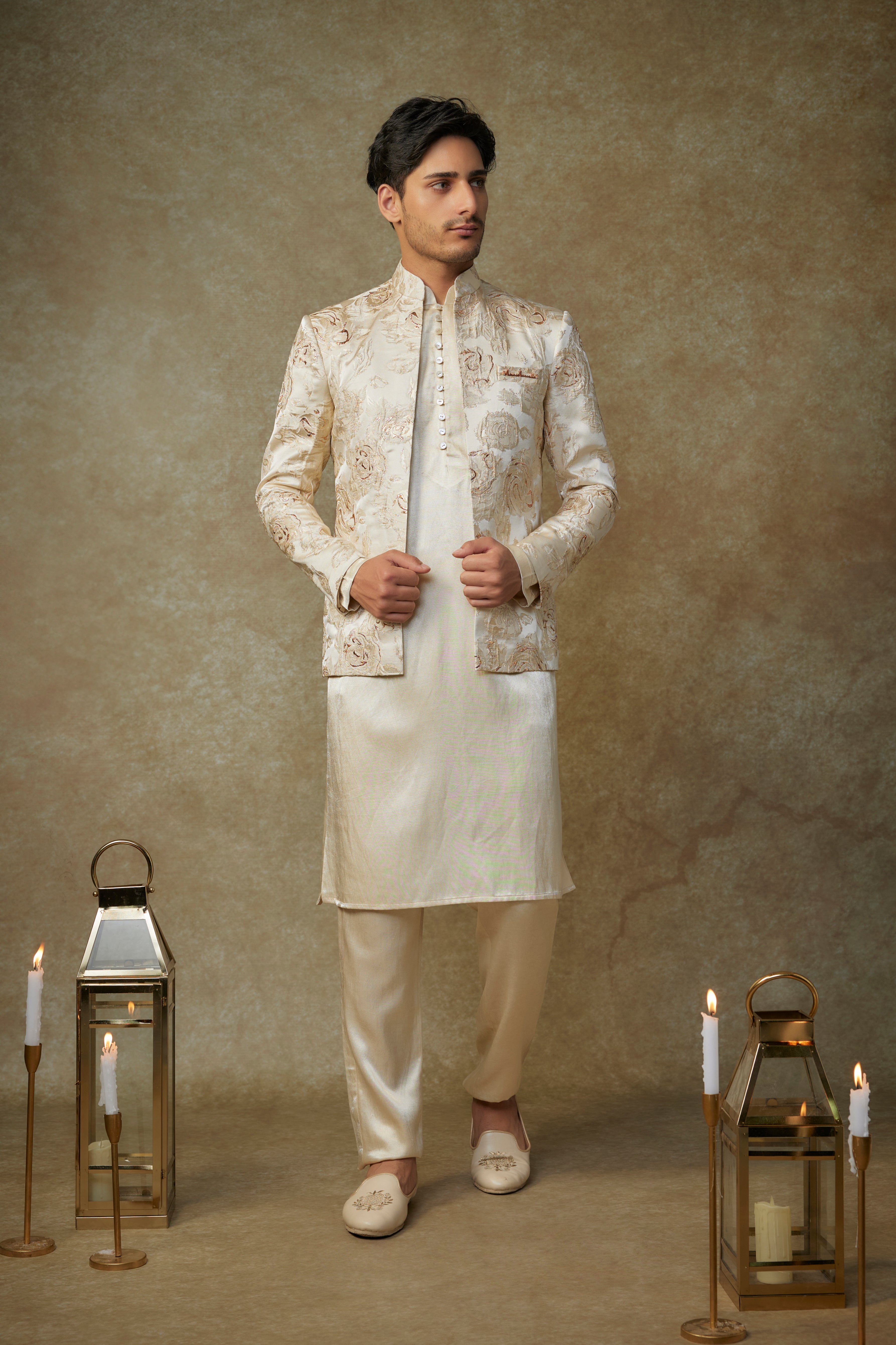 beige floral embroiderd jacket with kurta and pant