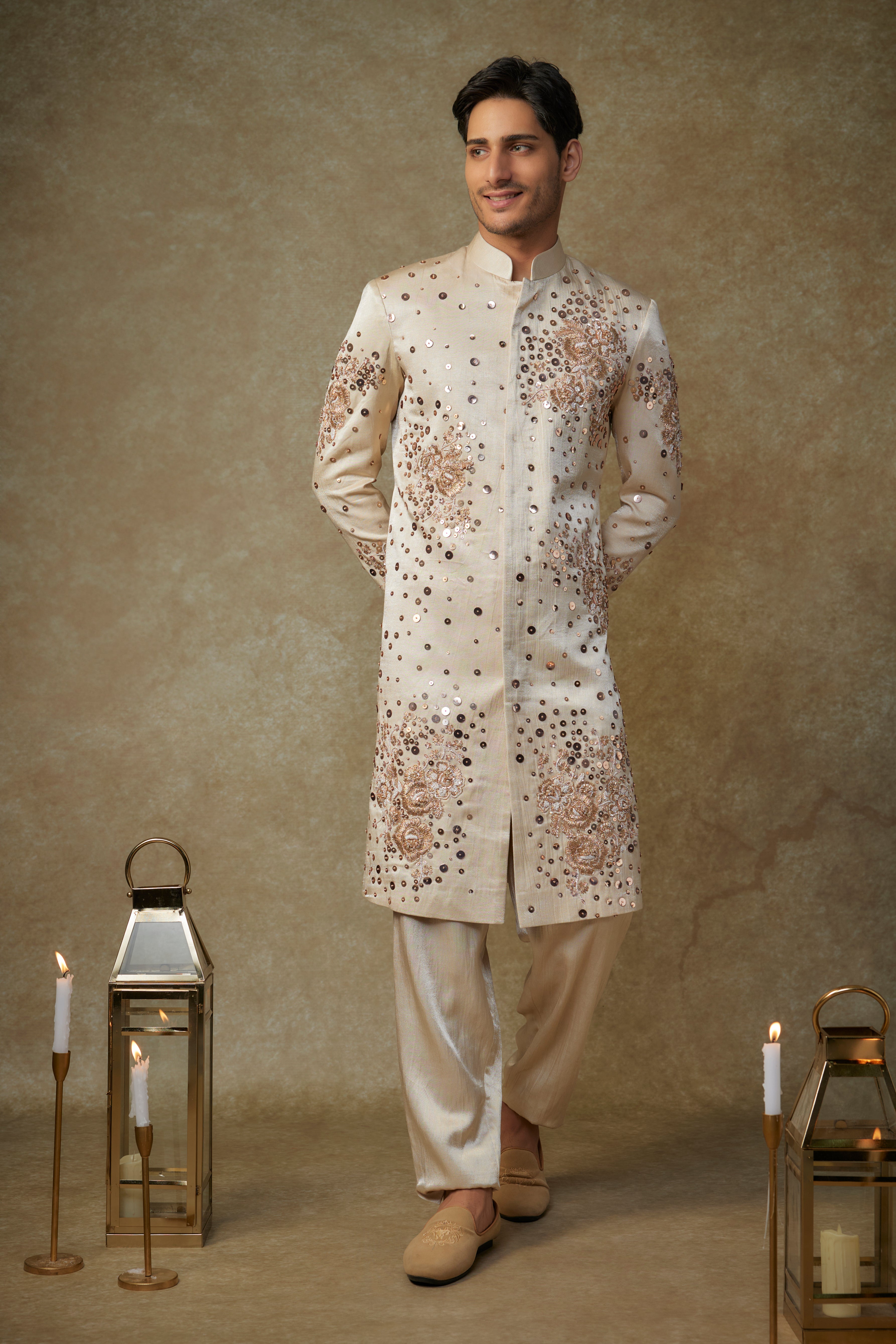 beige embroiderd sherwani with pant