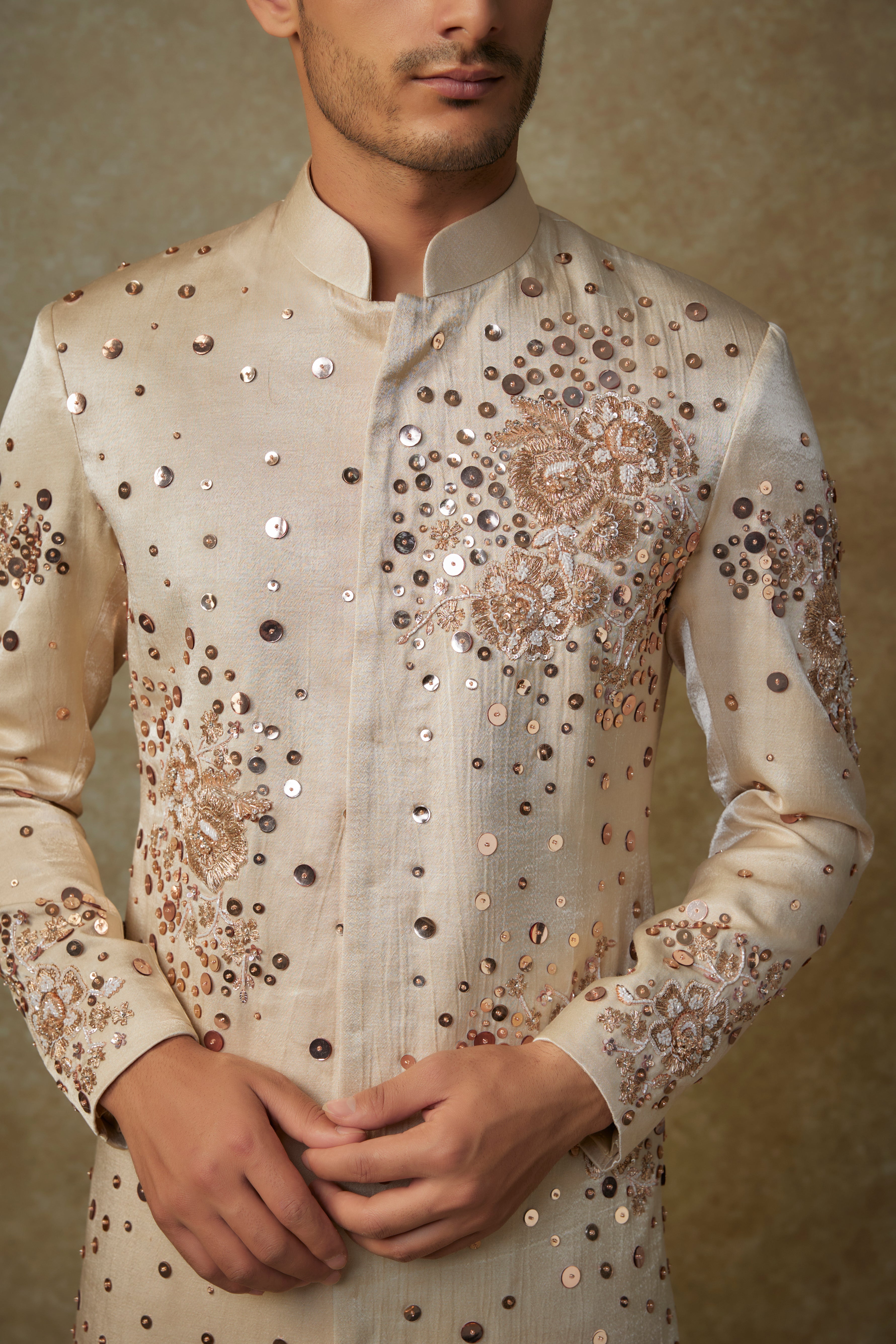 beige embroiderd sherwani with pant