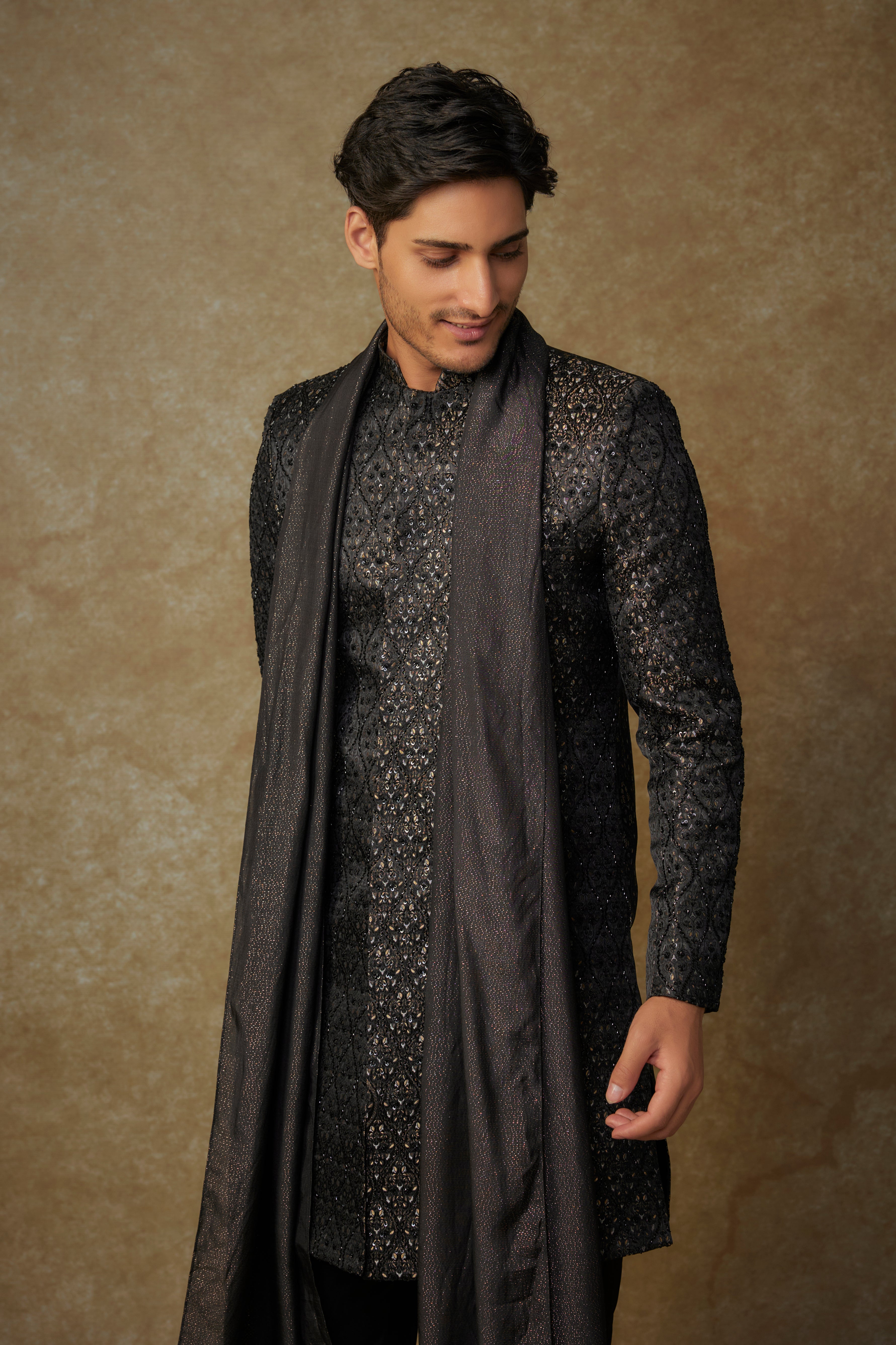 black embroiderd sherwani with pant and dupatta