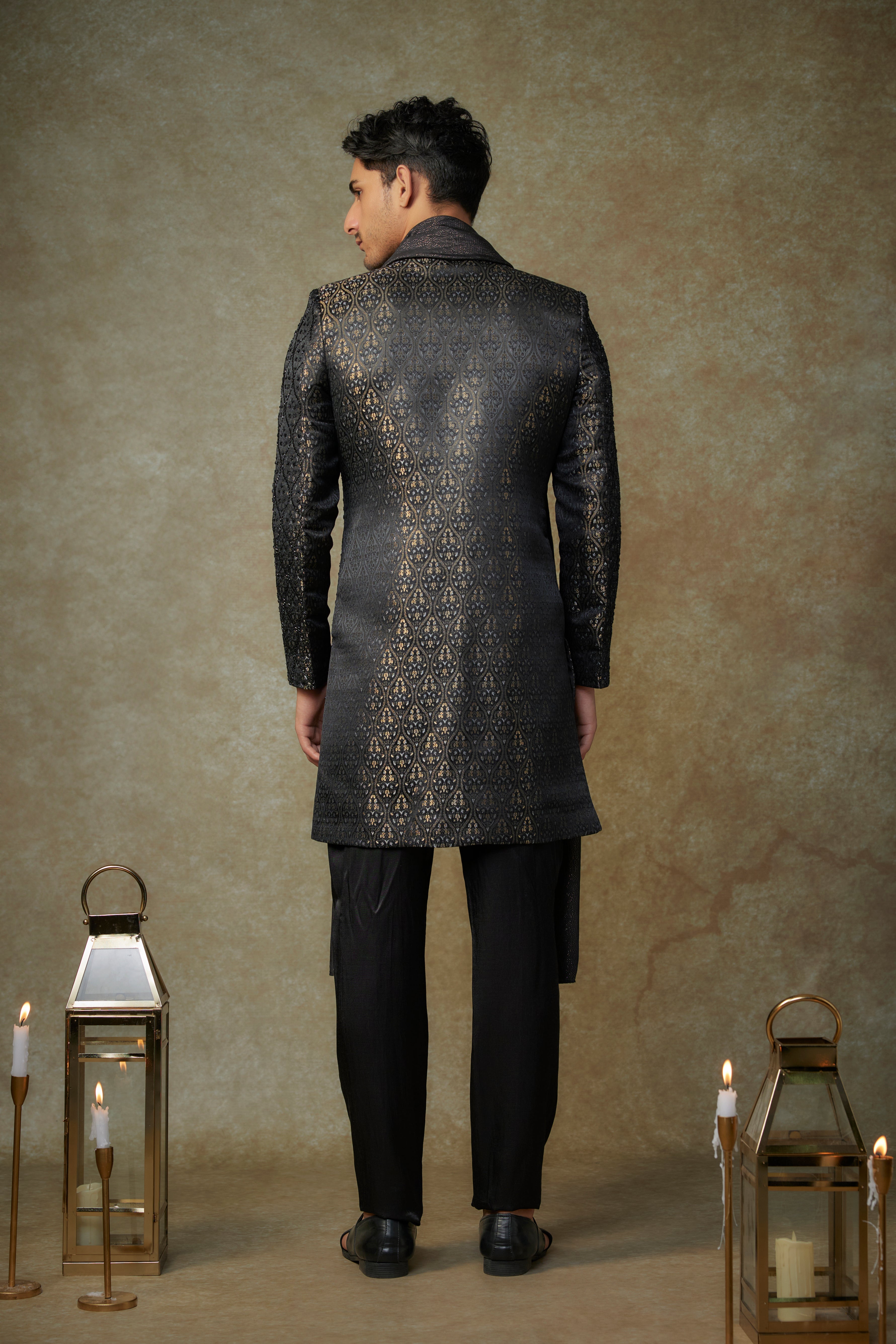 black embroiderd sherwani with pant and dupatta