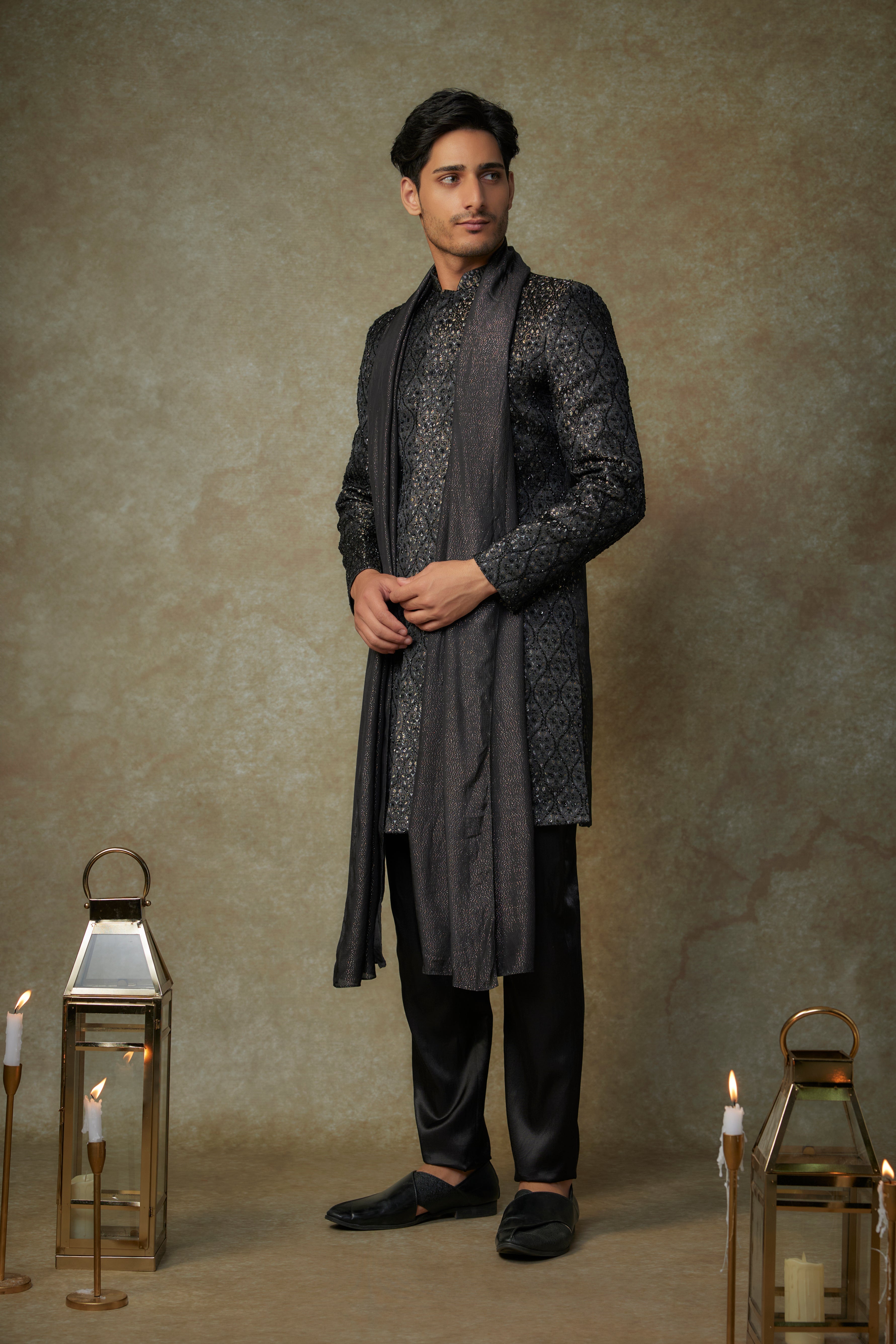 black embroiderd sherwani with pant and dupatta