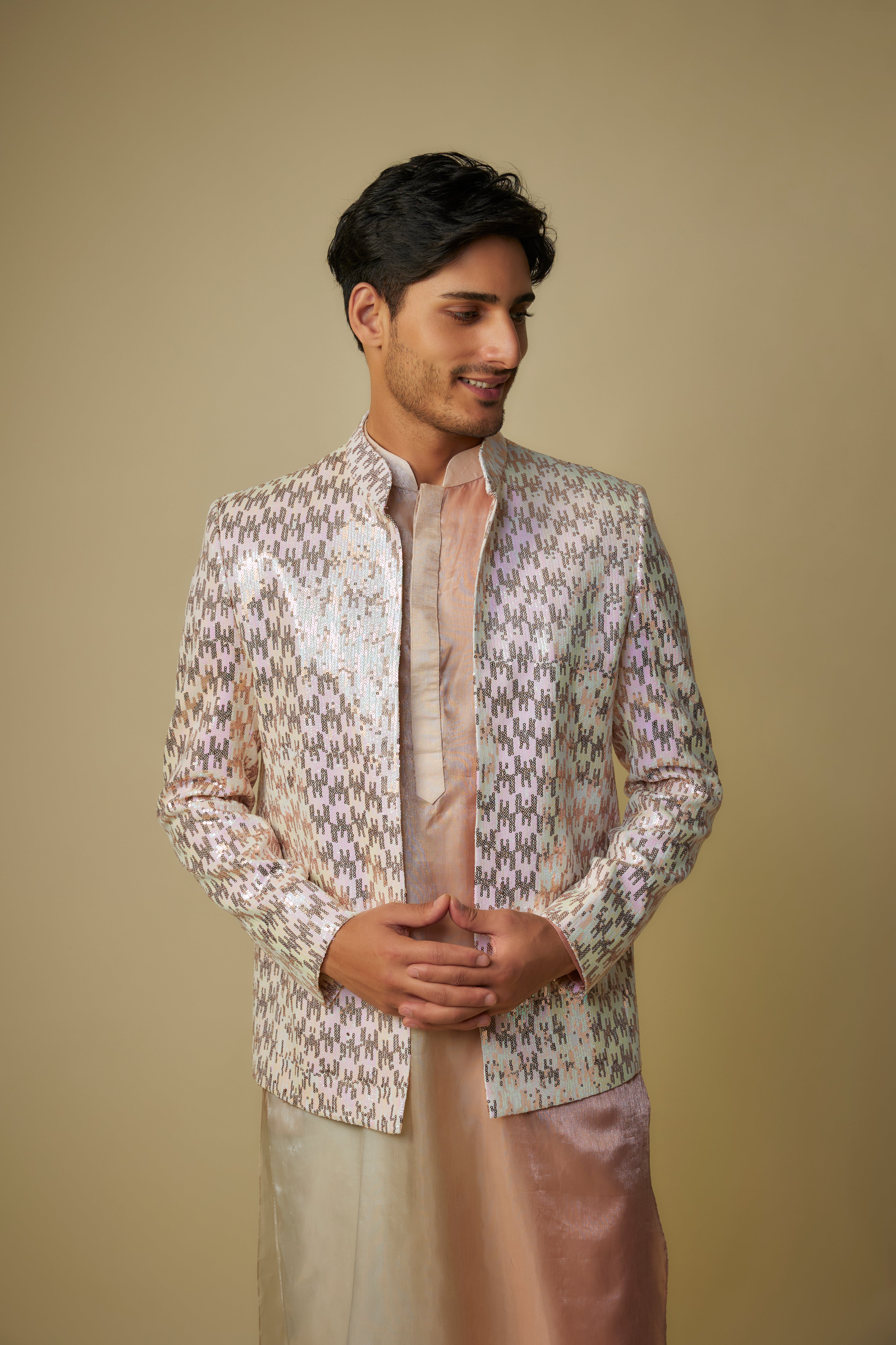 pink sequence jacket with kurta and pant