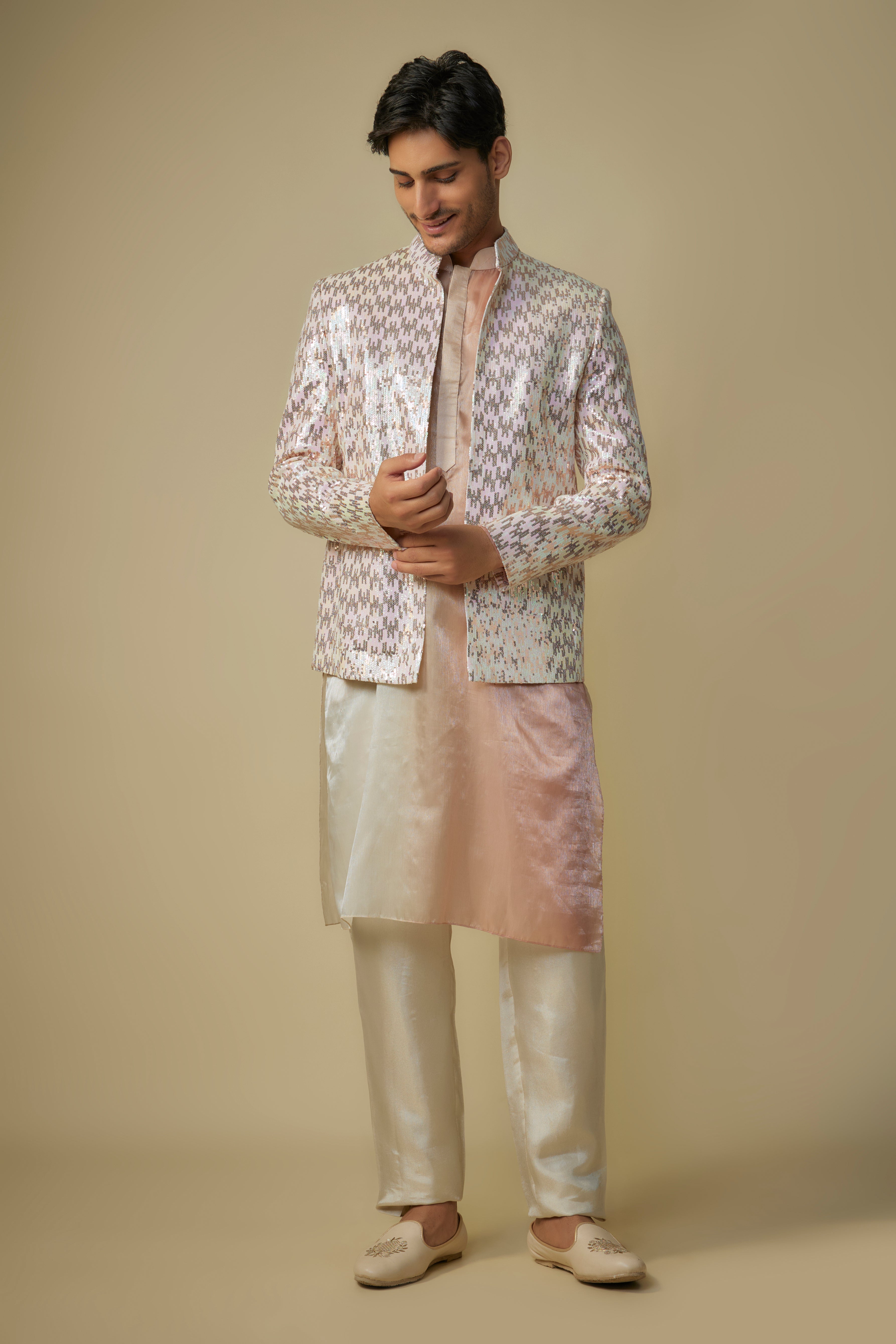 pink sequence jacket with kurta and pant