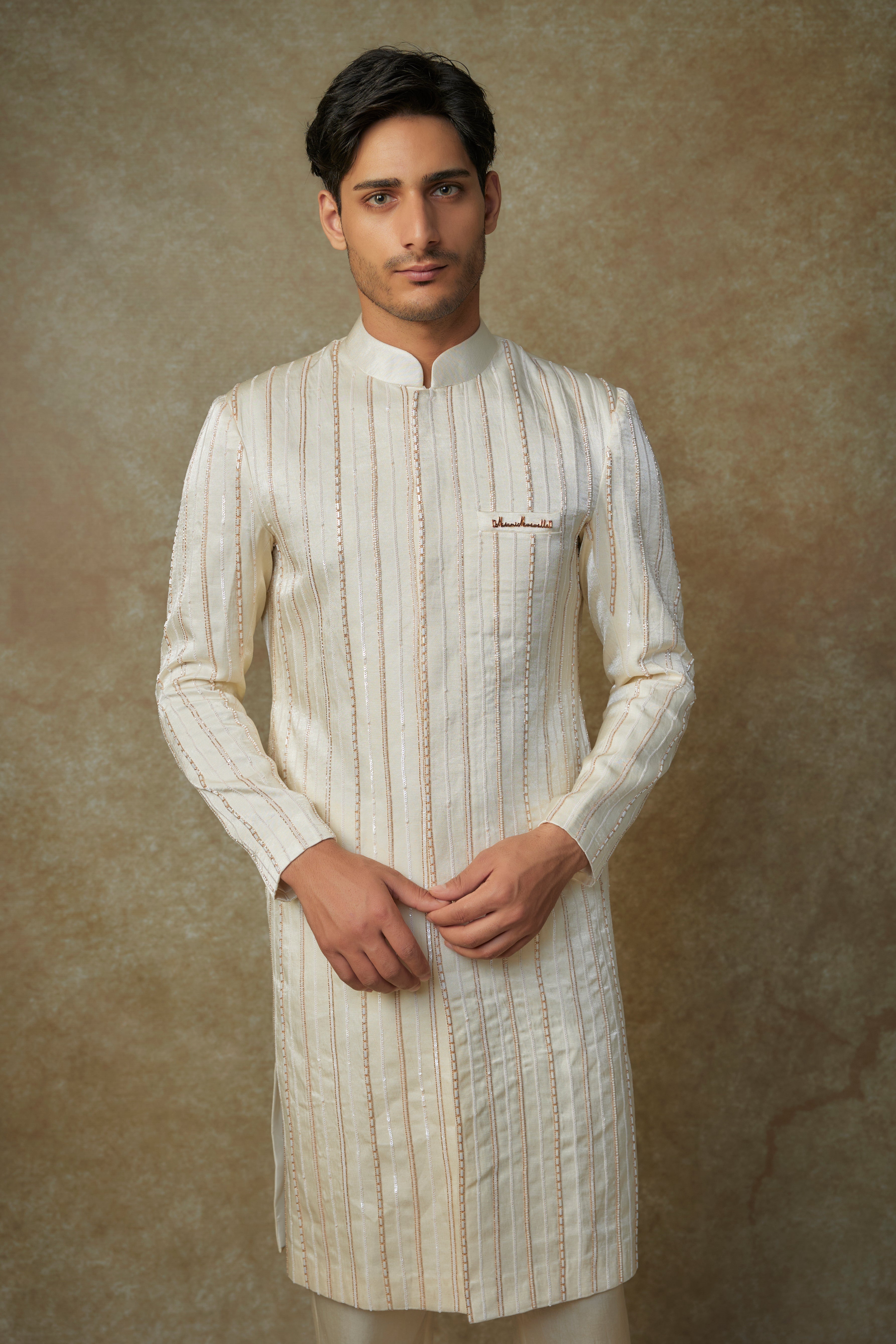 beige crystal embroiderd sherwani with pant