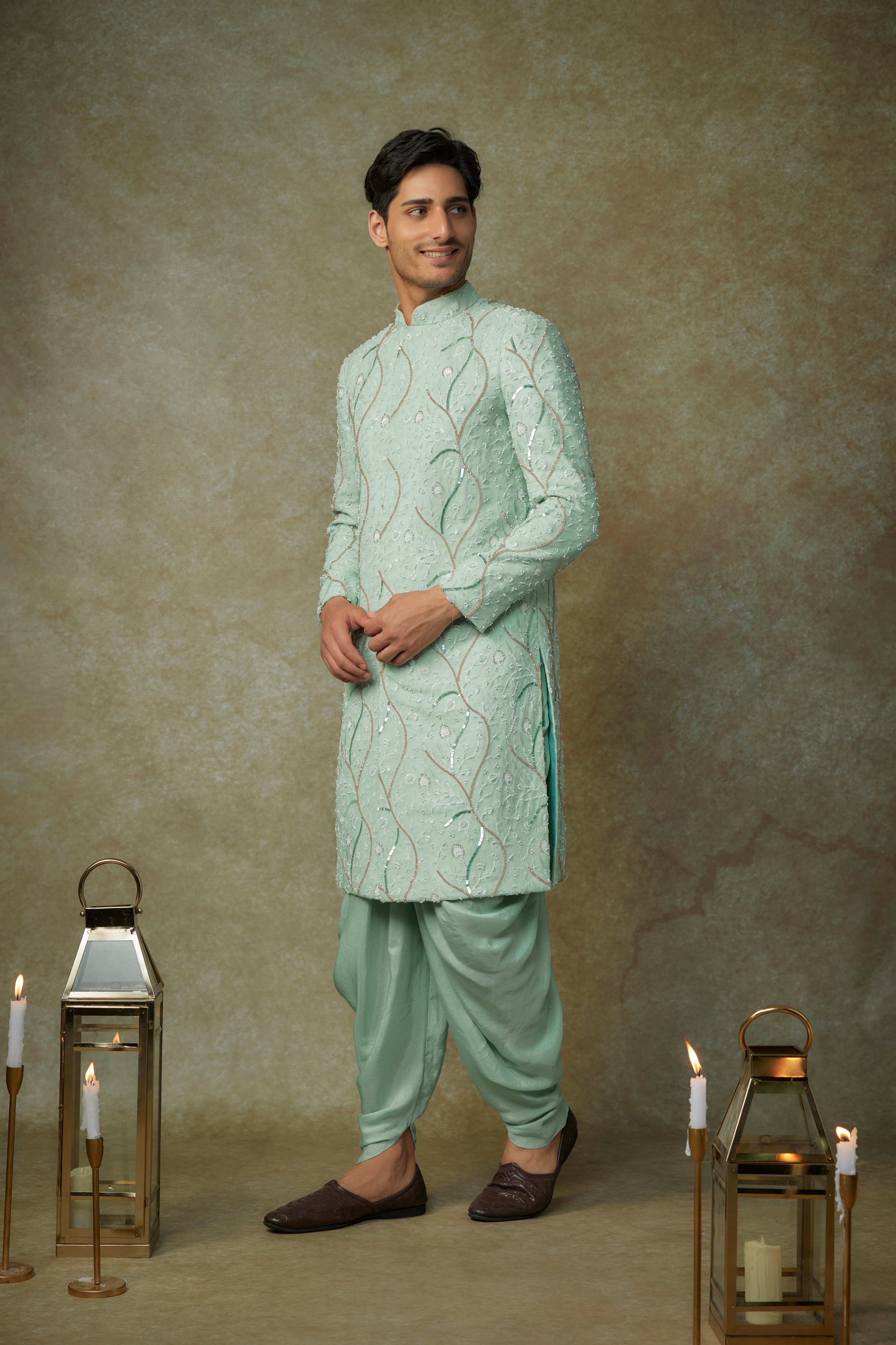 mint embroiderd sherwani with pant