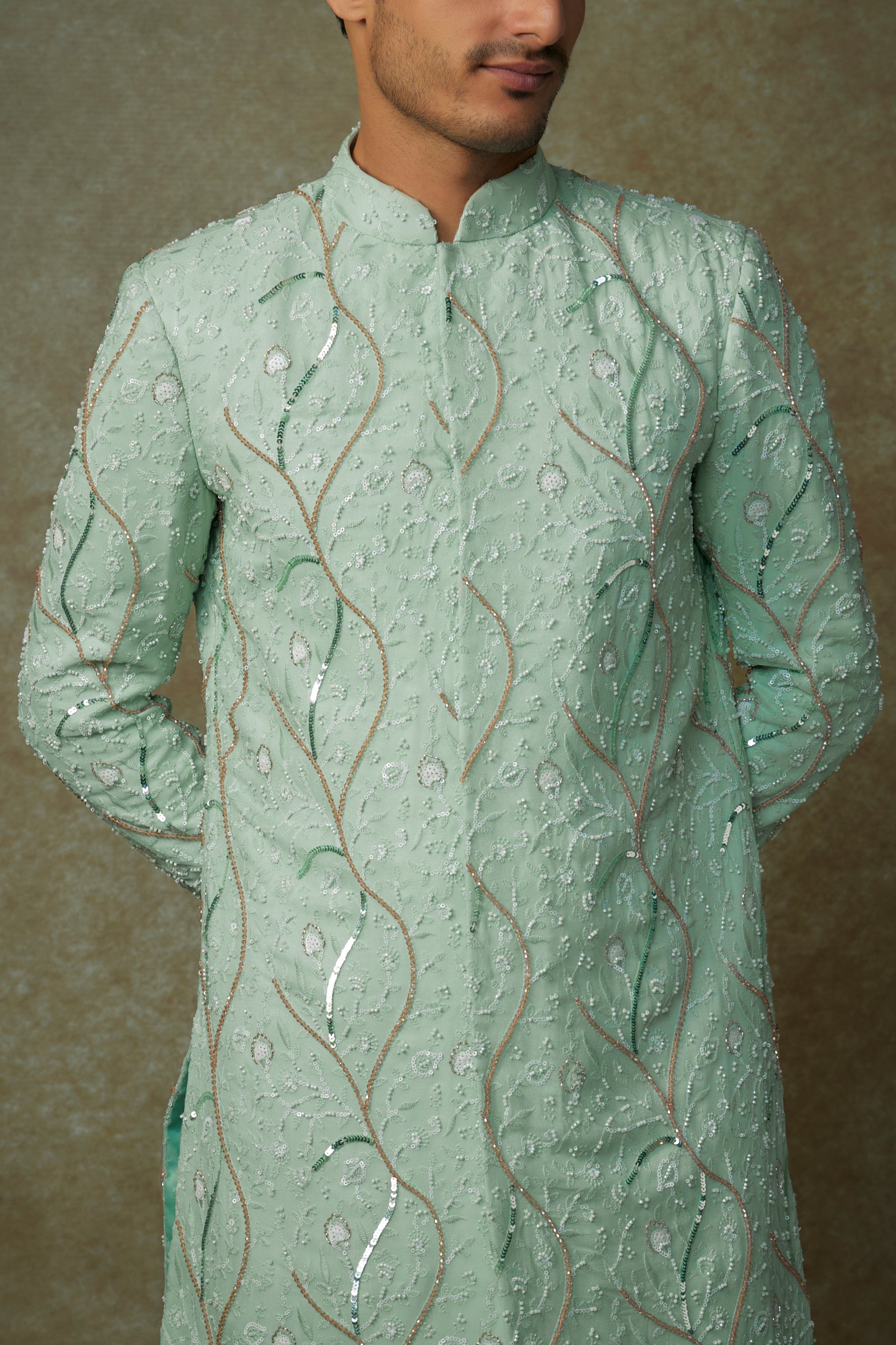 mint embroiderd sherwani with pant