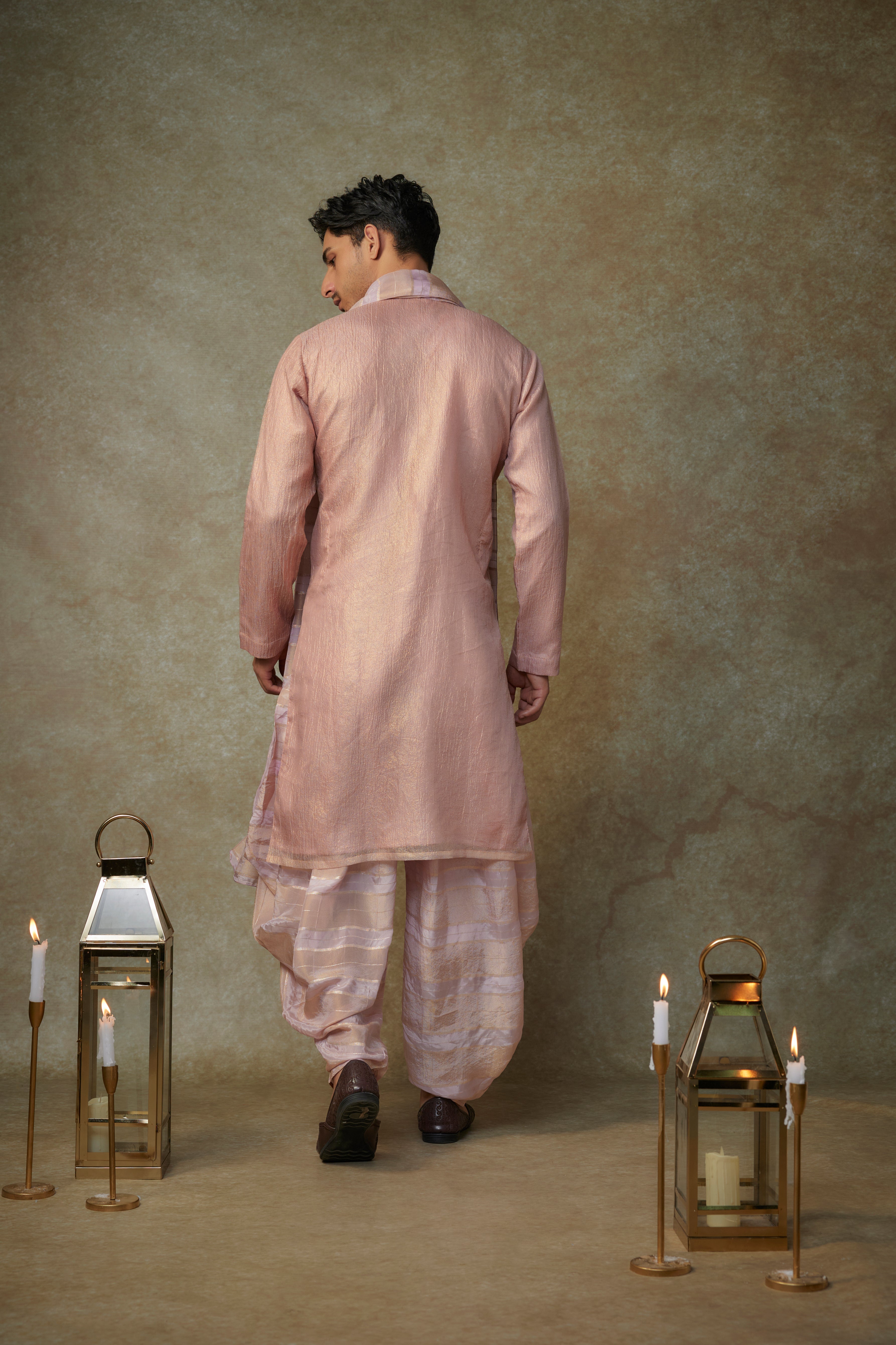 peach embroiderd kurta with dupatta and dhoti